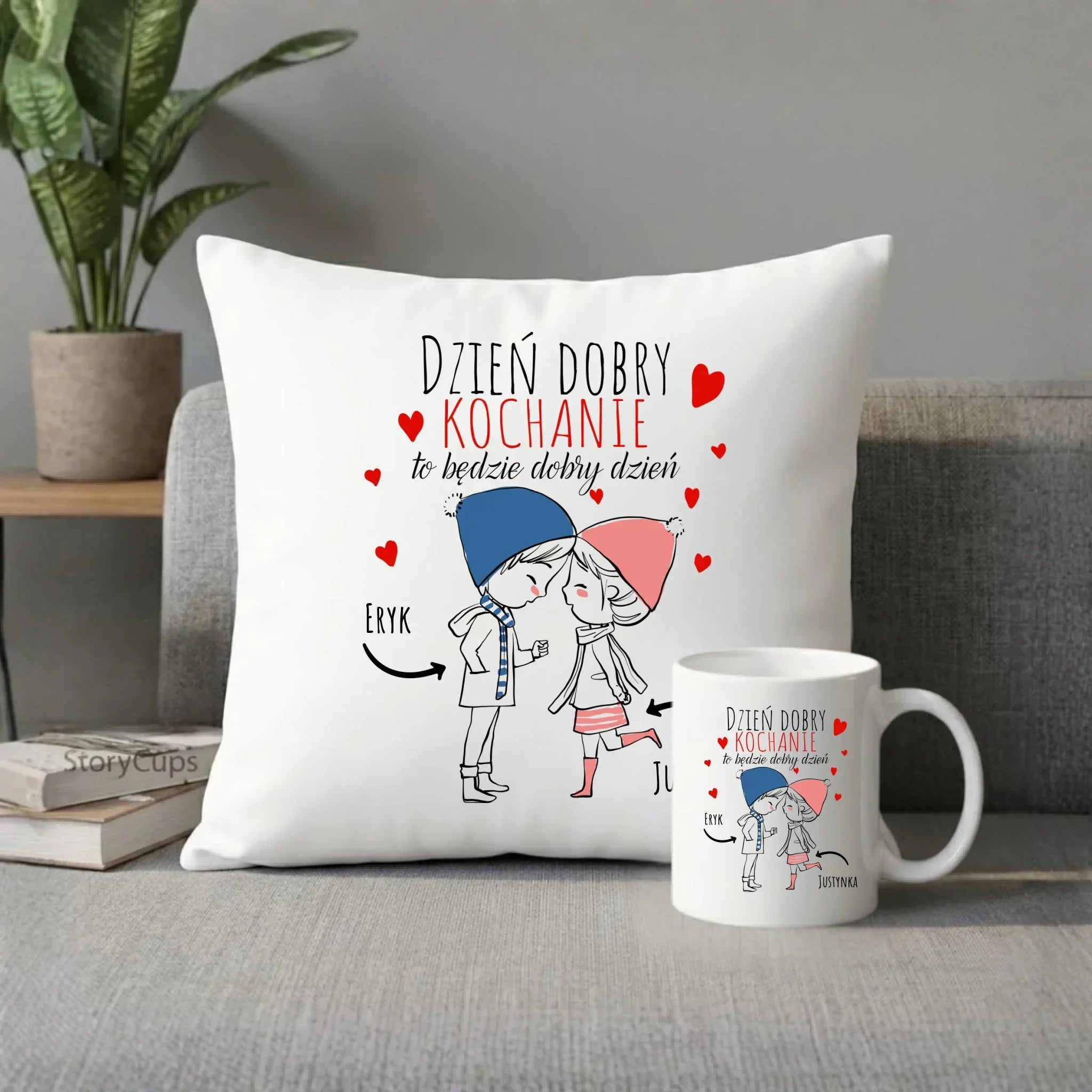 Zestaw poduszka i kubek dla par - Dzień dobry Kochanie - personalizowany W10 - StoryCups.pl