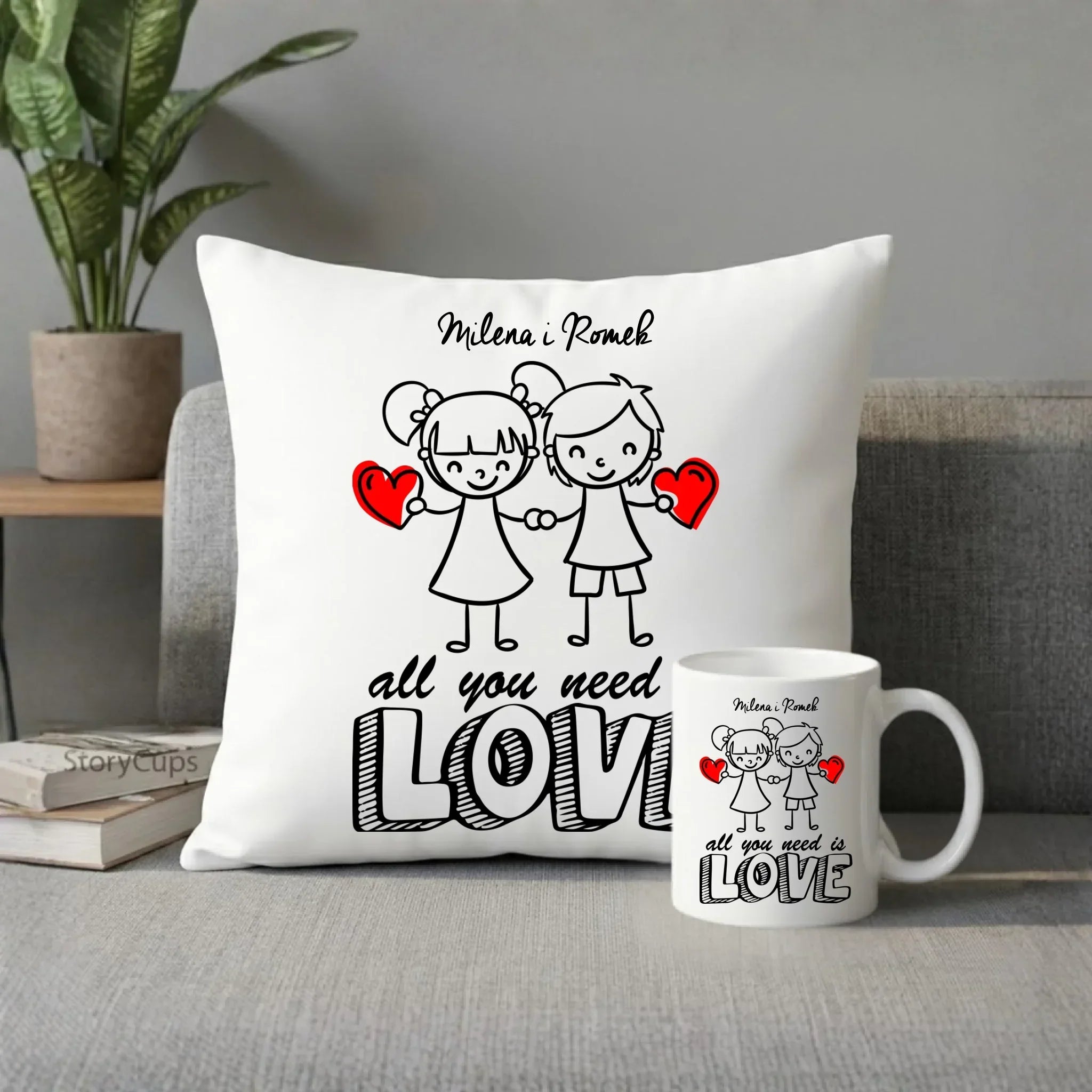 Zestaw poduszka i kubek dla par - All You need is love - personalizowany W13 - StoryCups.pl