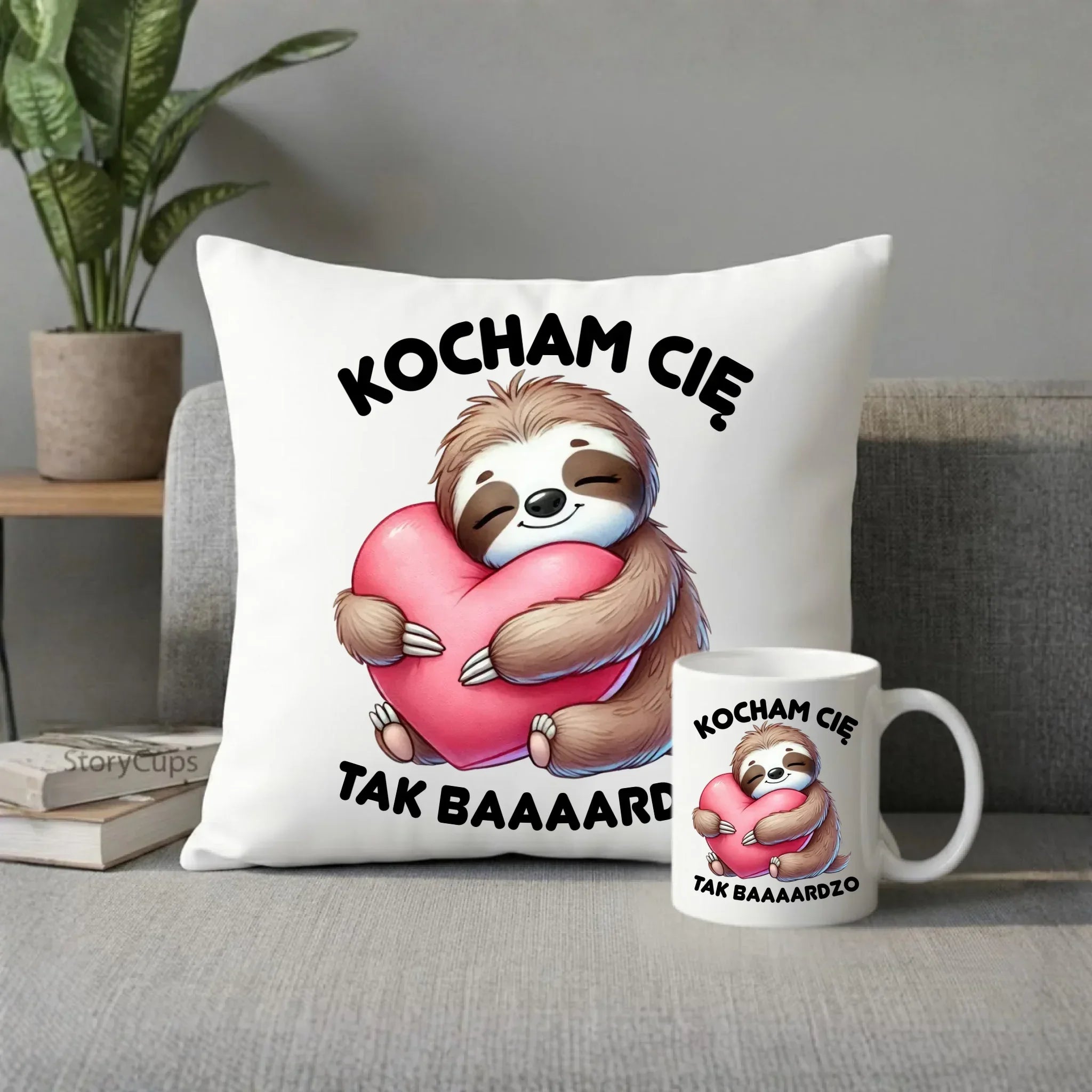 Zestaw poduszka i kubek - Leniwiec Kocham Cię tak baaaardzo W16 - StoryCups.pl
