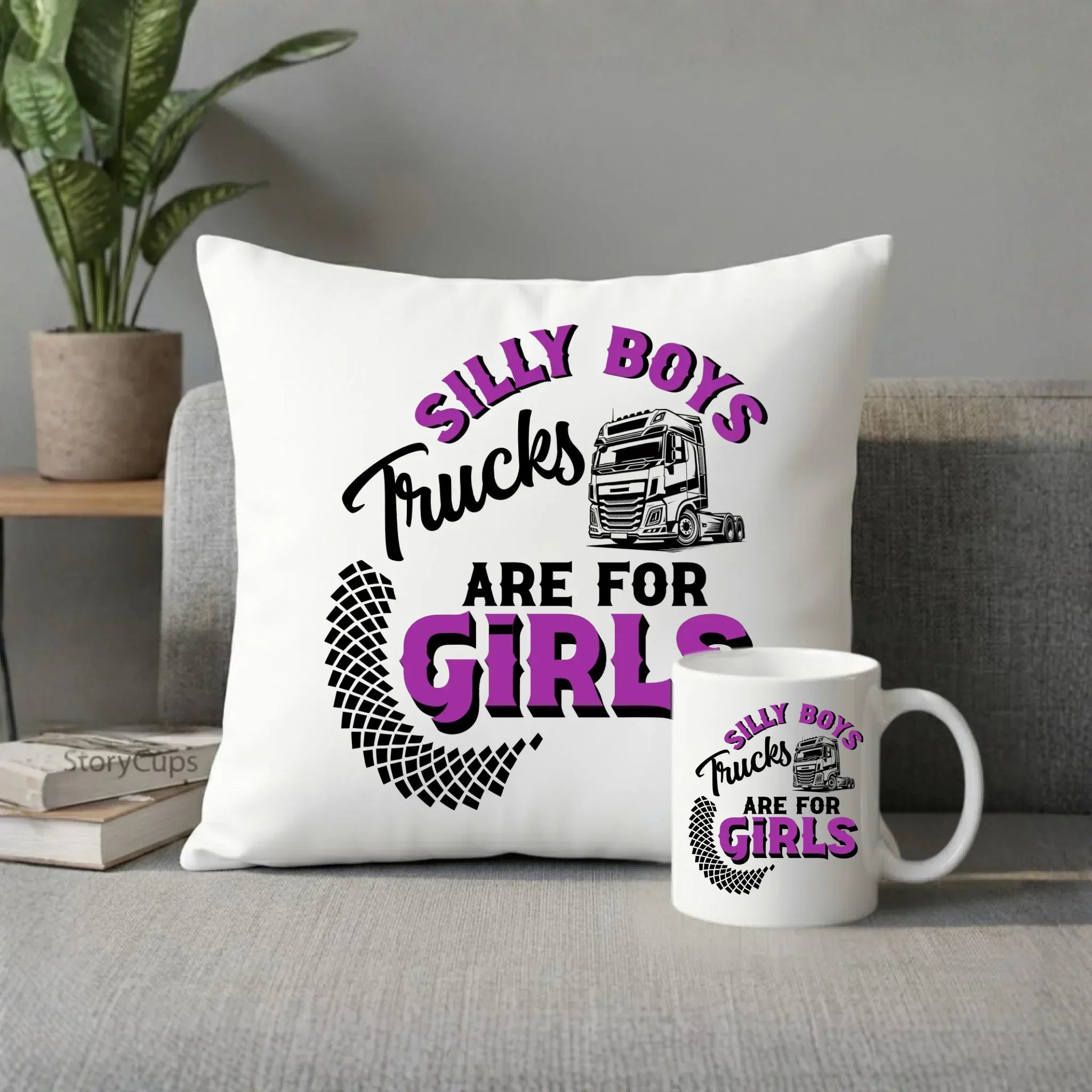 Zestaw poduszka i kubek - kierowca ciężarówki - Silly boys trucks are for girls ZKT11 - StoryCups.pl