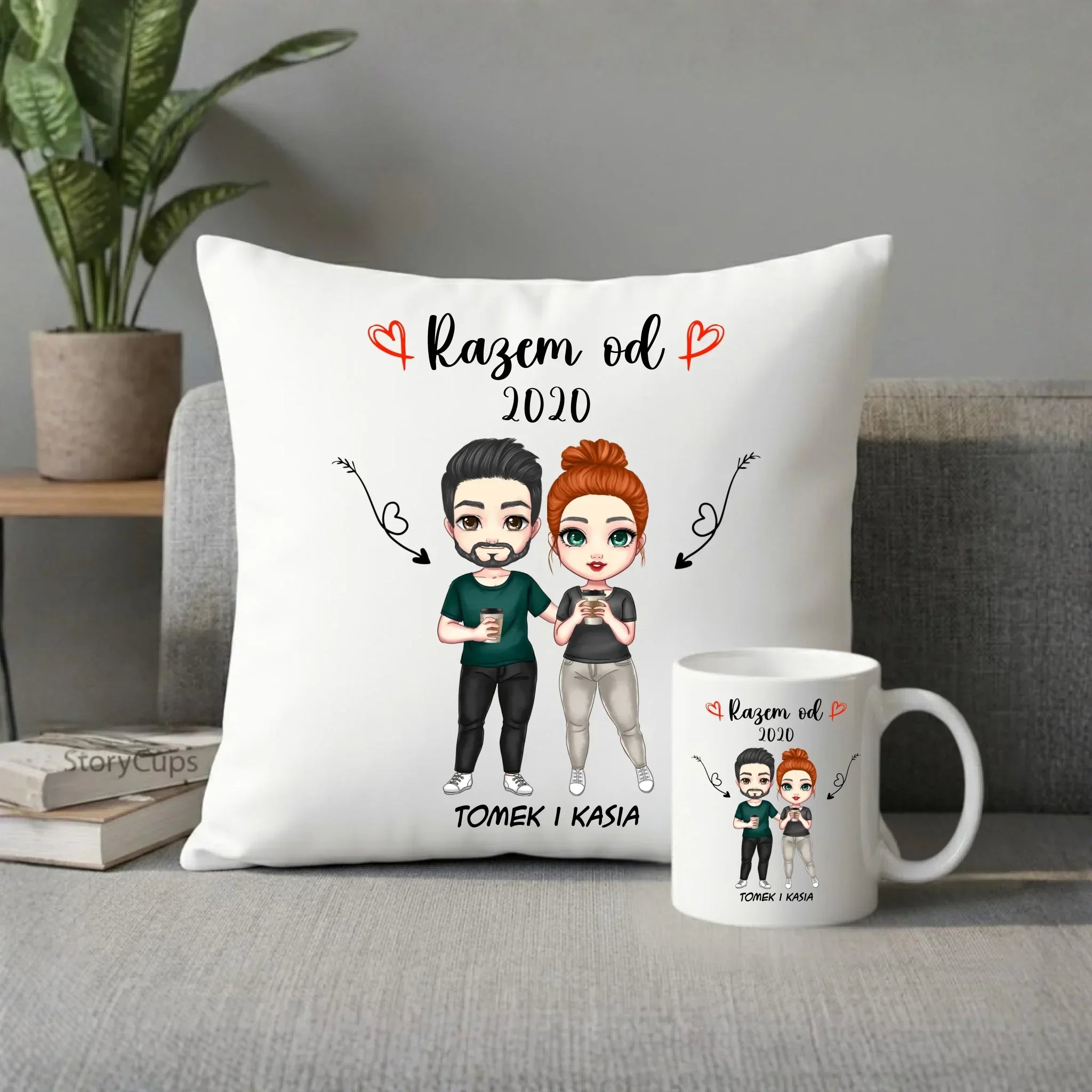 Zestaw poduszka i kubek dla par - Para razem od - personalizowany W01 - StoryCups.pl