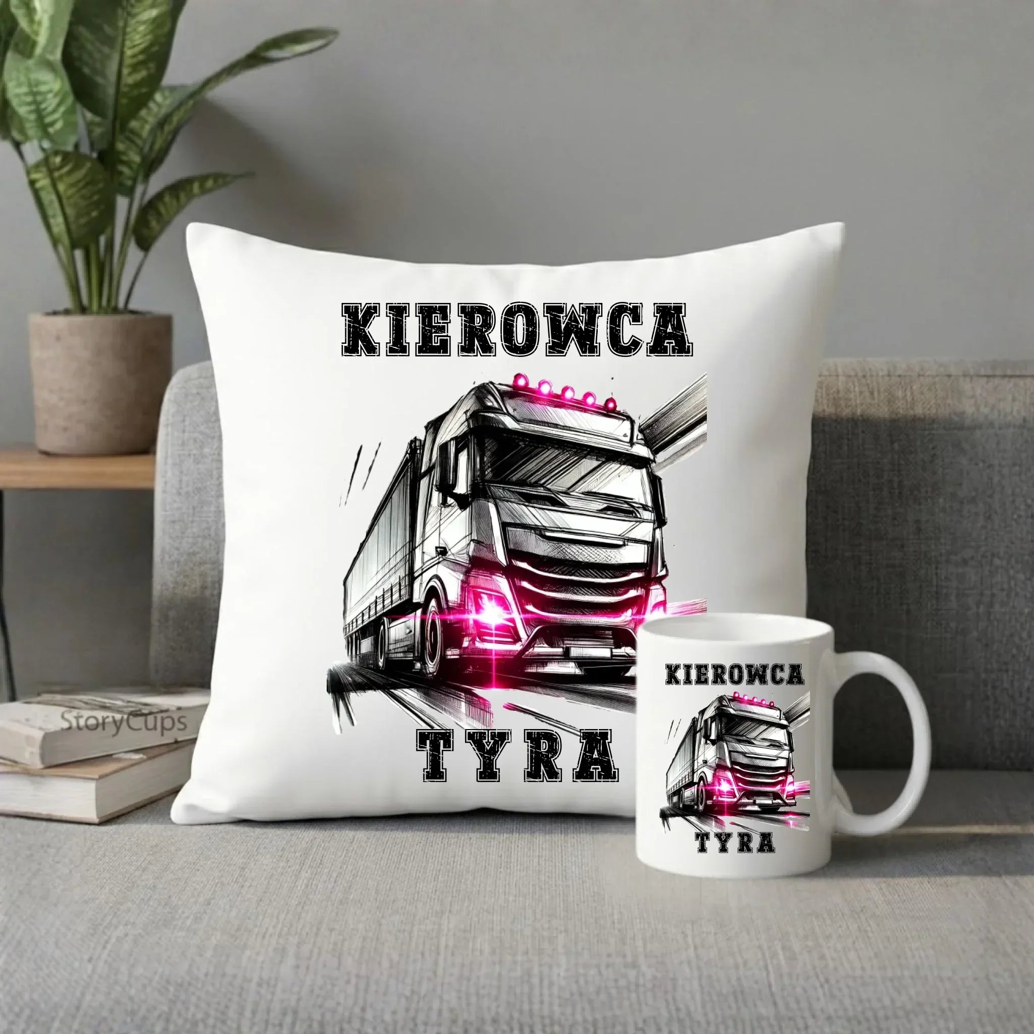 Zestaw poduszka i kubek dla kobiety kierowcy ciężarówki - Kierowca tyra ZKT15 - StoryCups.pl