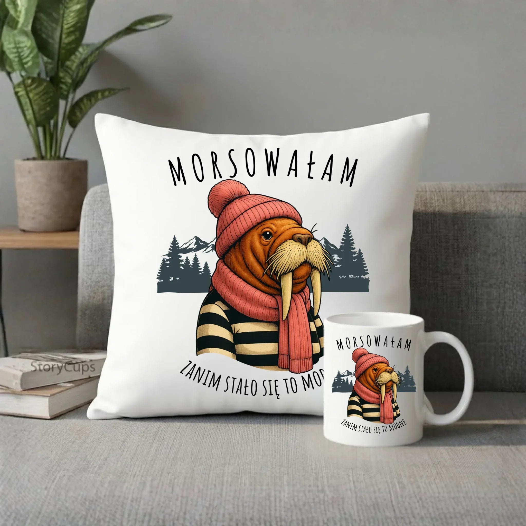 Zestaw poduszka i kubek - prezent dla morsa - Morsowałam zanim stało się to modne - Mors HM21 - StoryCups.pl