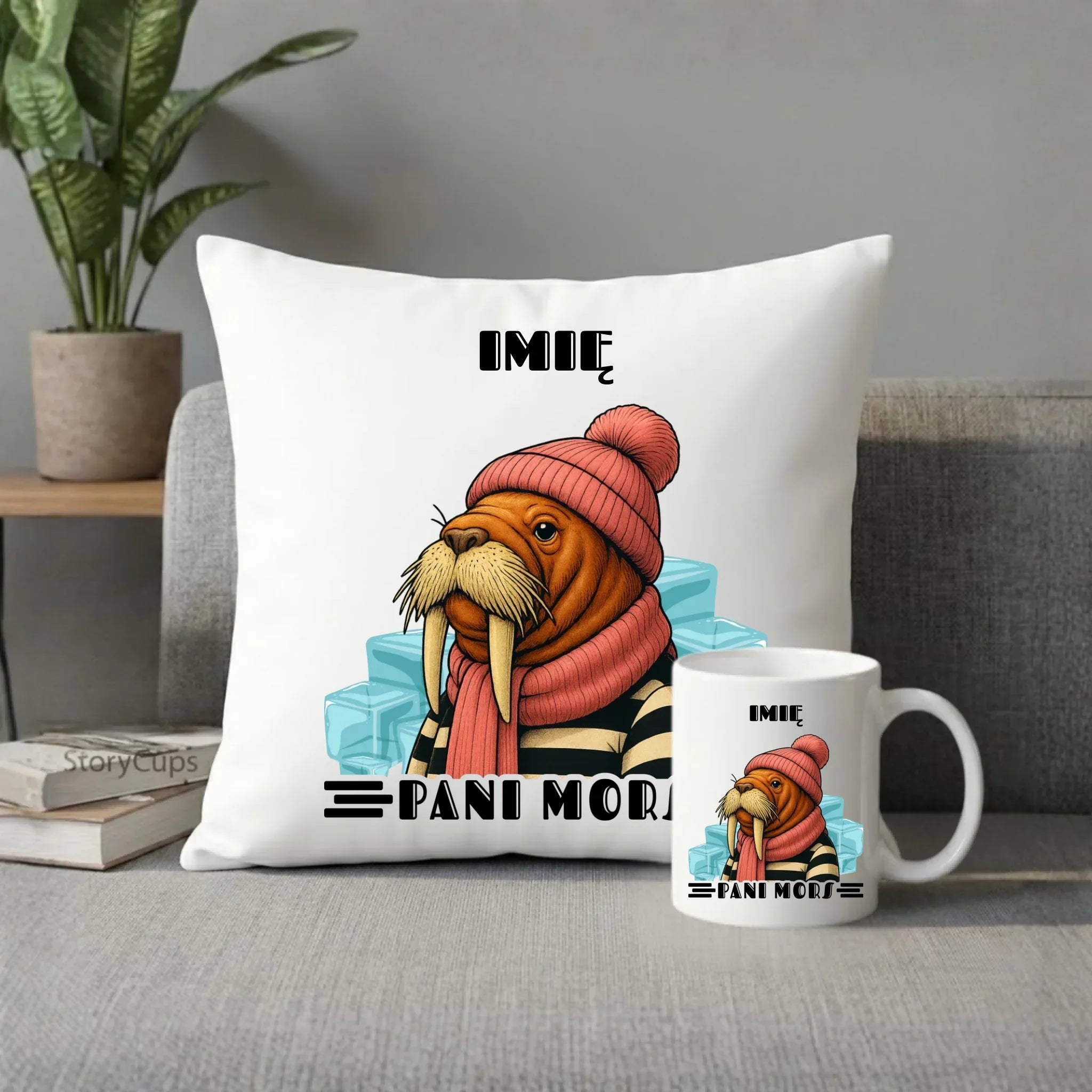 Zestaw poduszka i kubek - prezent dla morsa - Pani Mors - personalizowany HM16 - StoryCups.pl