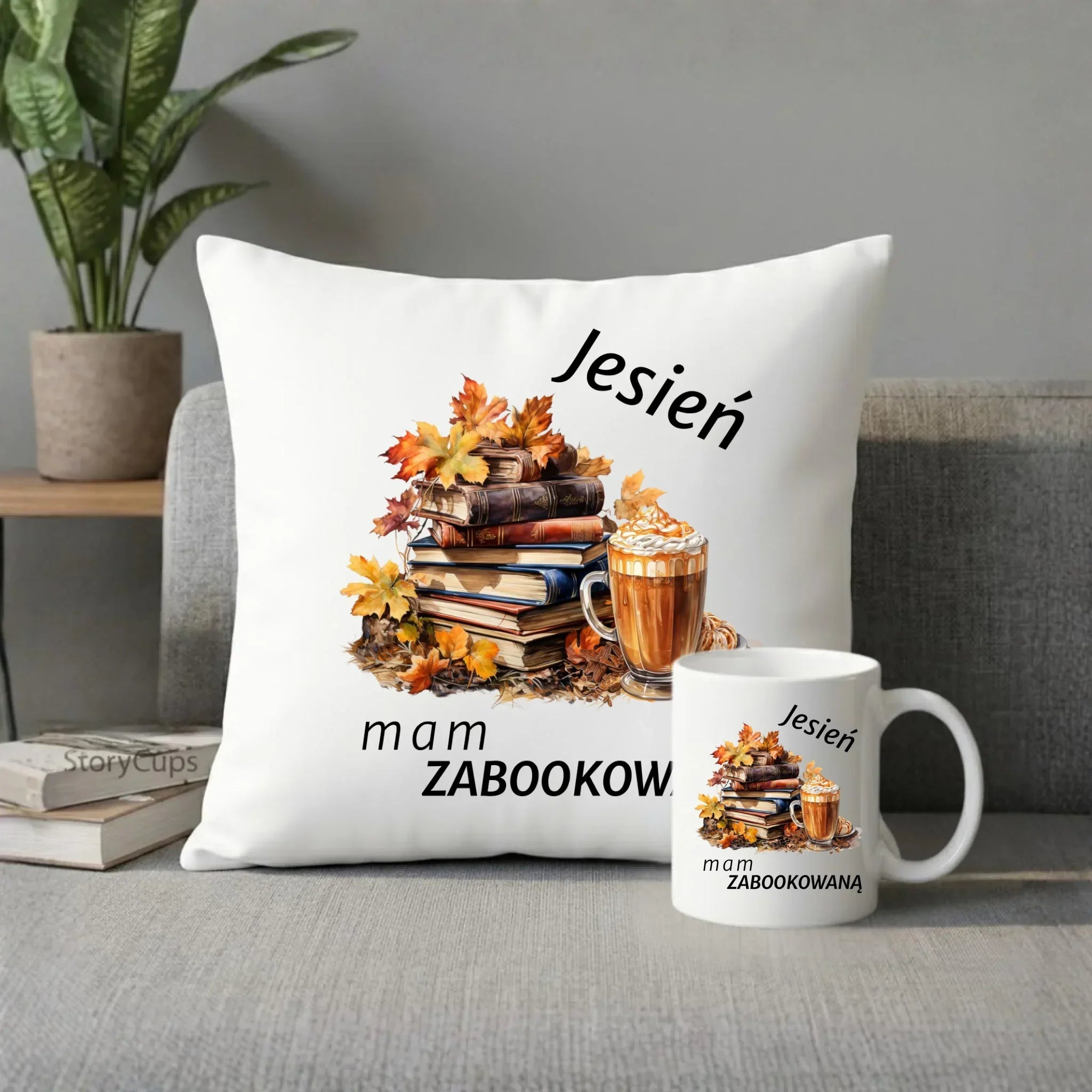 Zestaw poduszka i kubek jesienny - Jesień mam zabookowaną JS28 - StoryCups.pl