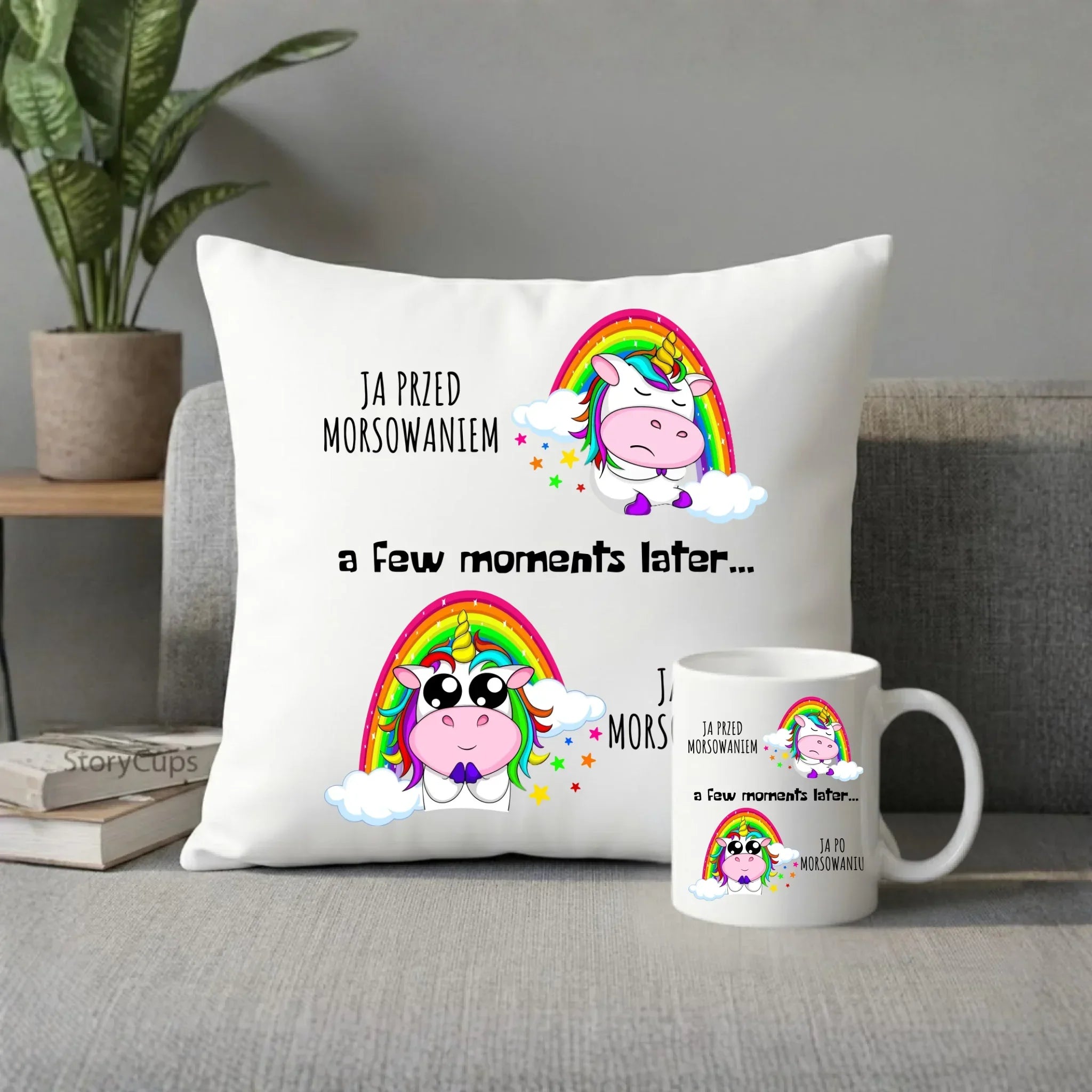 Zestaw poduszka i kubek - prezent dla morsa - Jednorożec - Ja po morsowaniu HM11 - StoryCups.pl