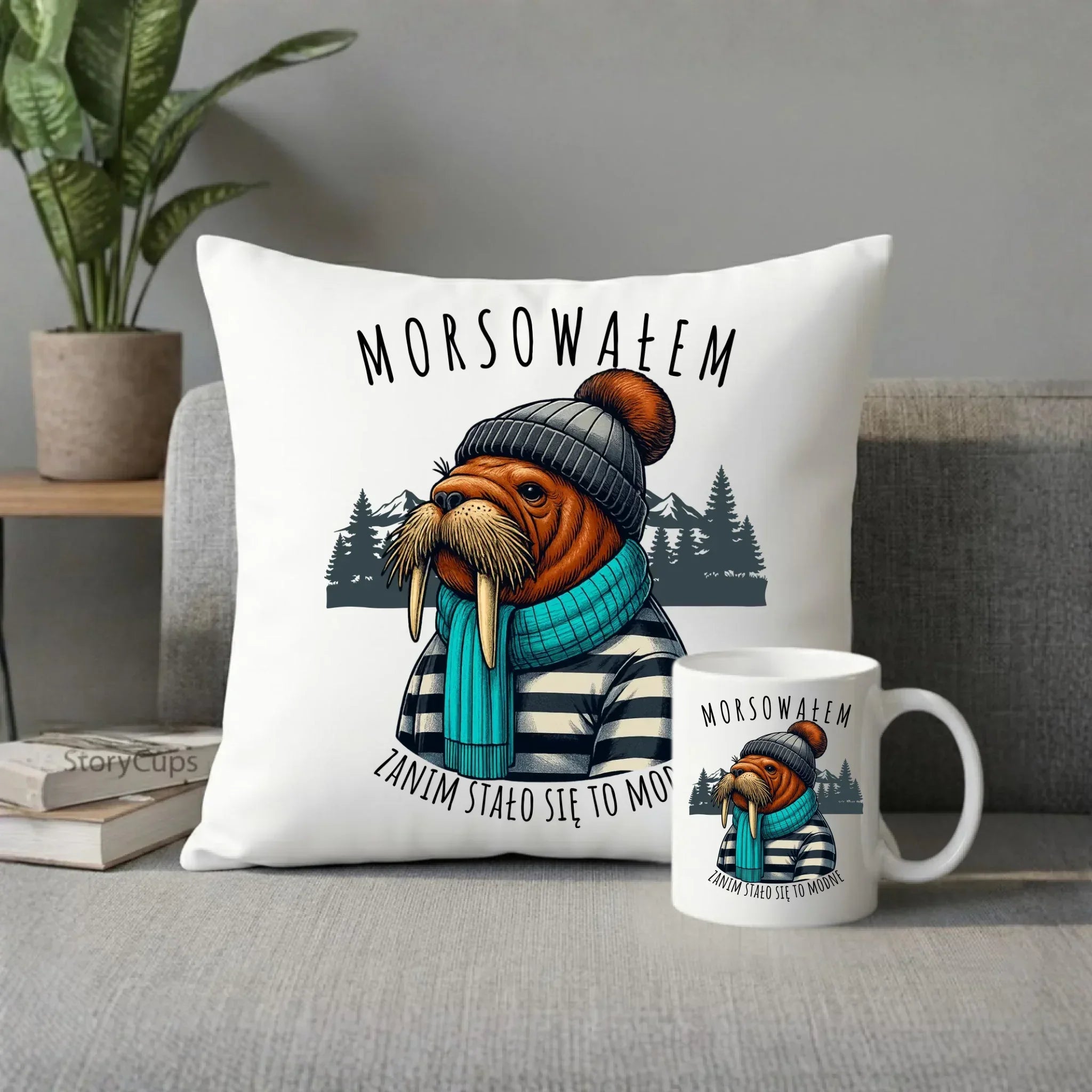 Zestaw poduszka i kubek - prezent dla morsa - Morsowałem zanim stało się to modne - Mors HM08 - StoryCups.pl