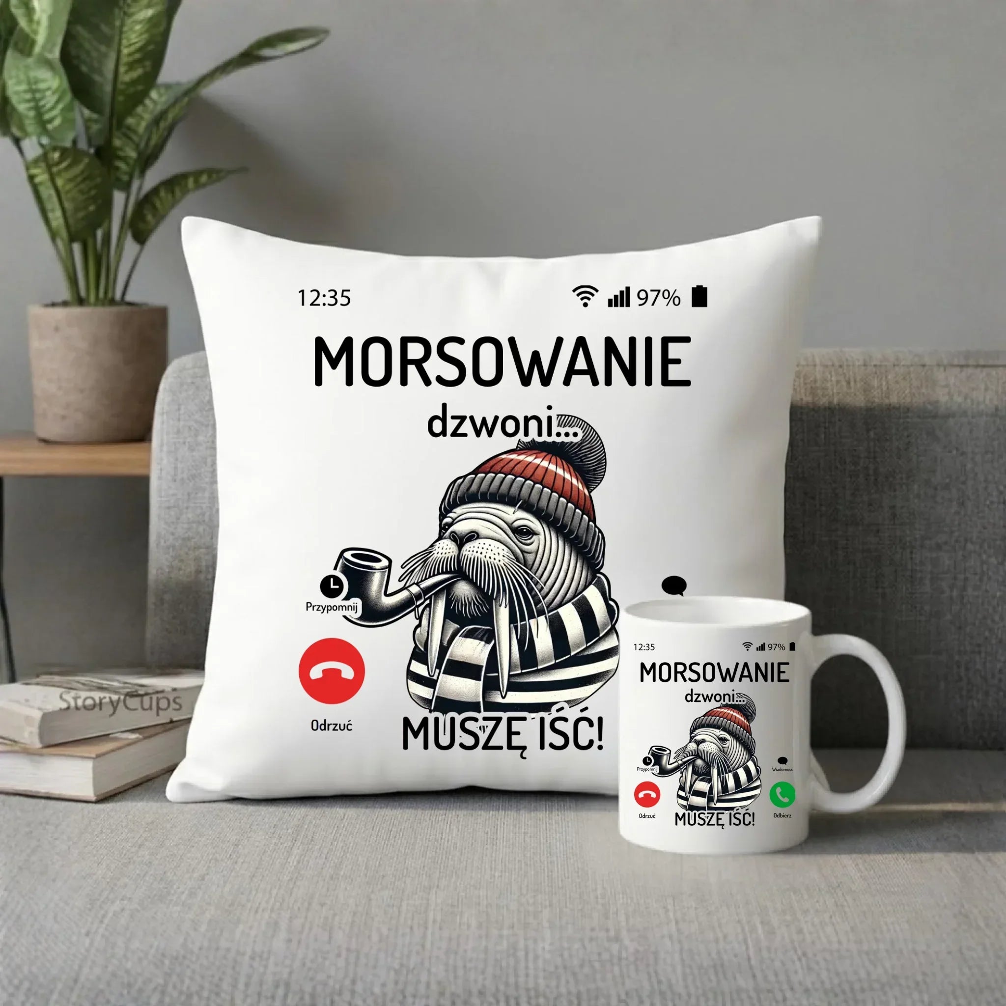 Zestaw poduszka i kubek - prezent dla morsa - Morsowanie dzwoni muszę iść - Mors HM19 - StoryCups.pl