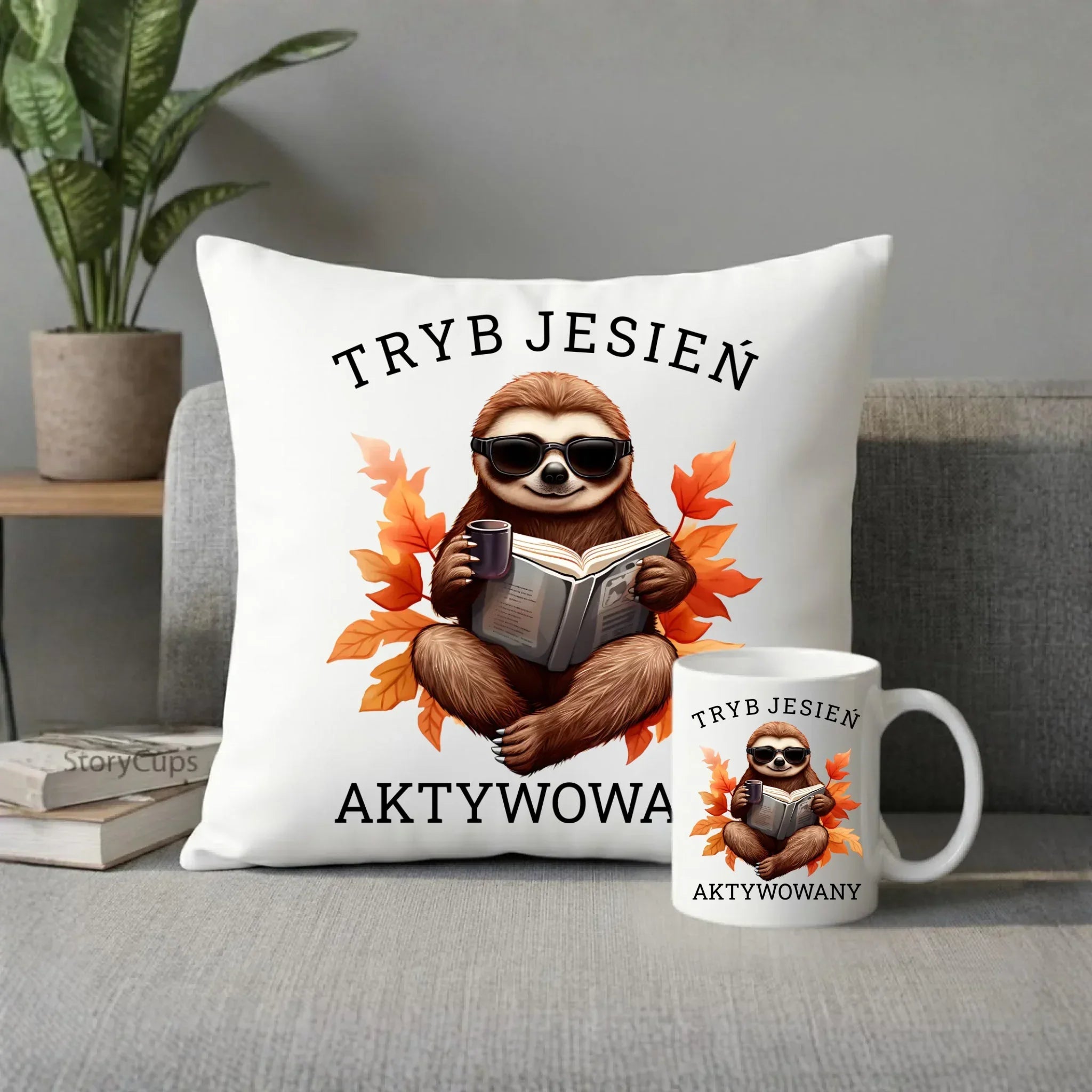 Zestaw poduszka i kubek jesienny - Leniwiec - Tryb jesień aktywowany JS23 - StoryCups.pl