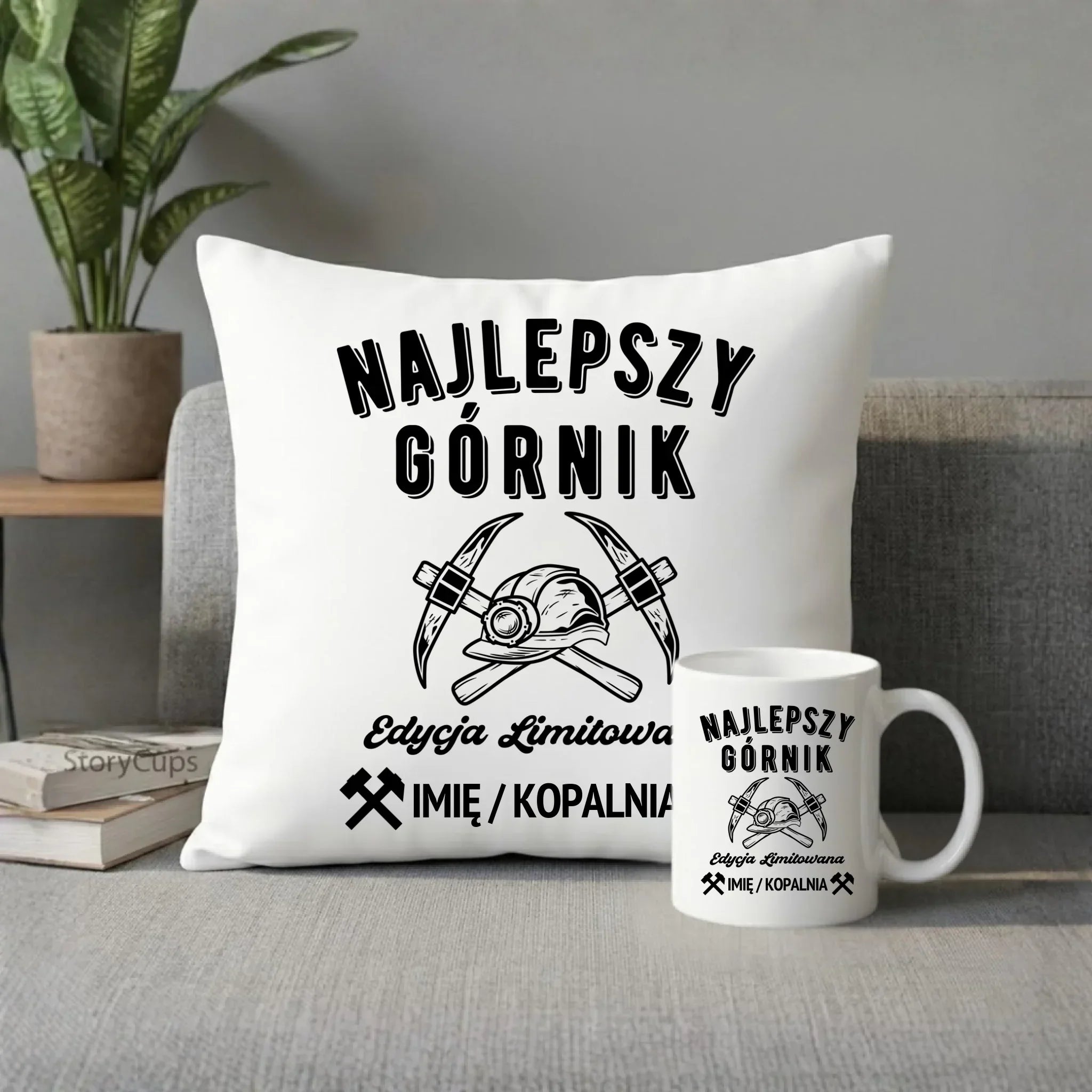 Zestaw poduszka i kubek - prezent dla górnika - Najlepszy górnik - personalizowany G27 - StoryCups.pl