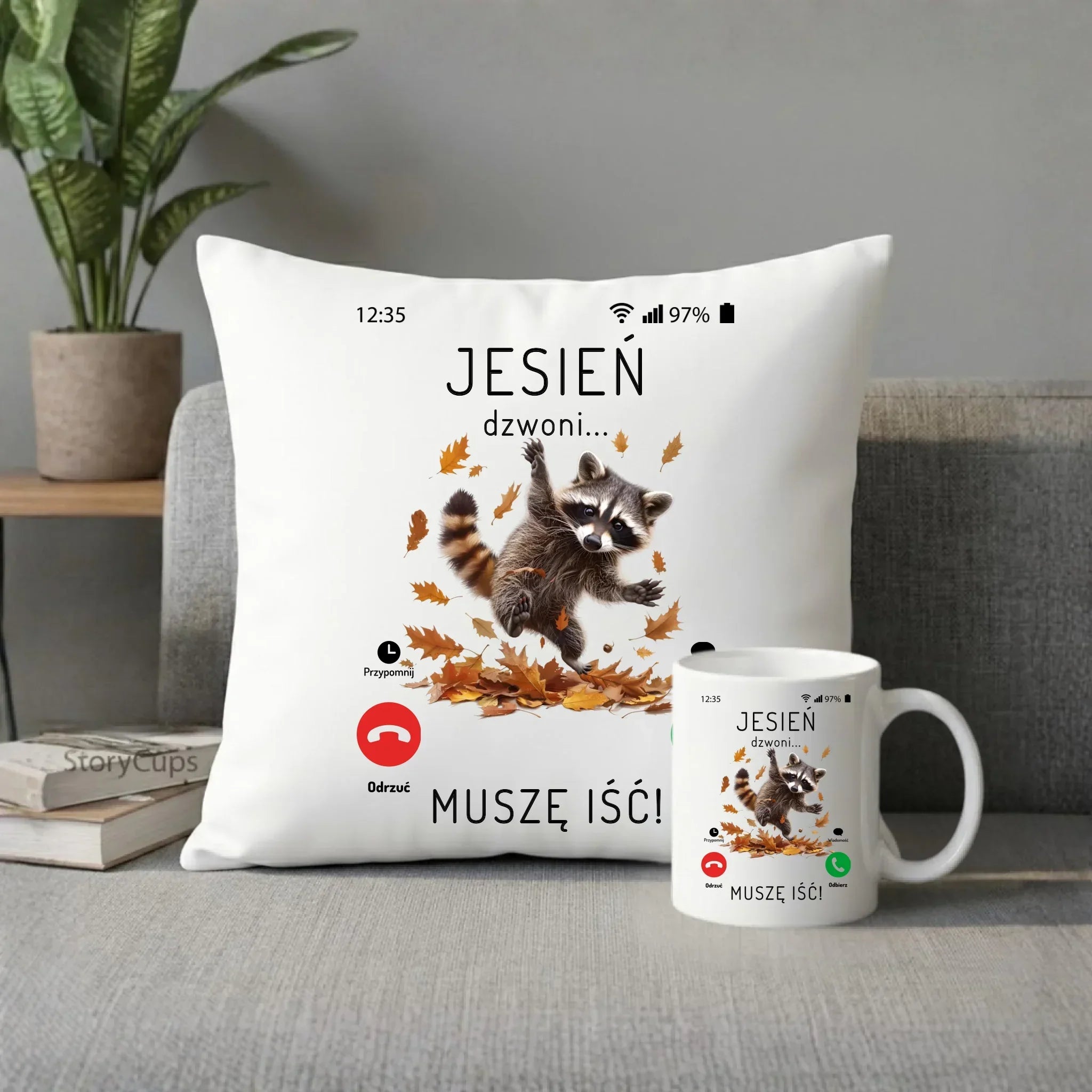 Zestaw poduszka i kubek jesienny - Jesień dzwoni muszę iść JS18 - StoryCups.pl