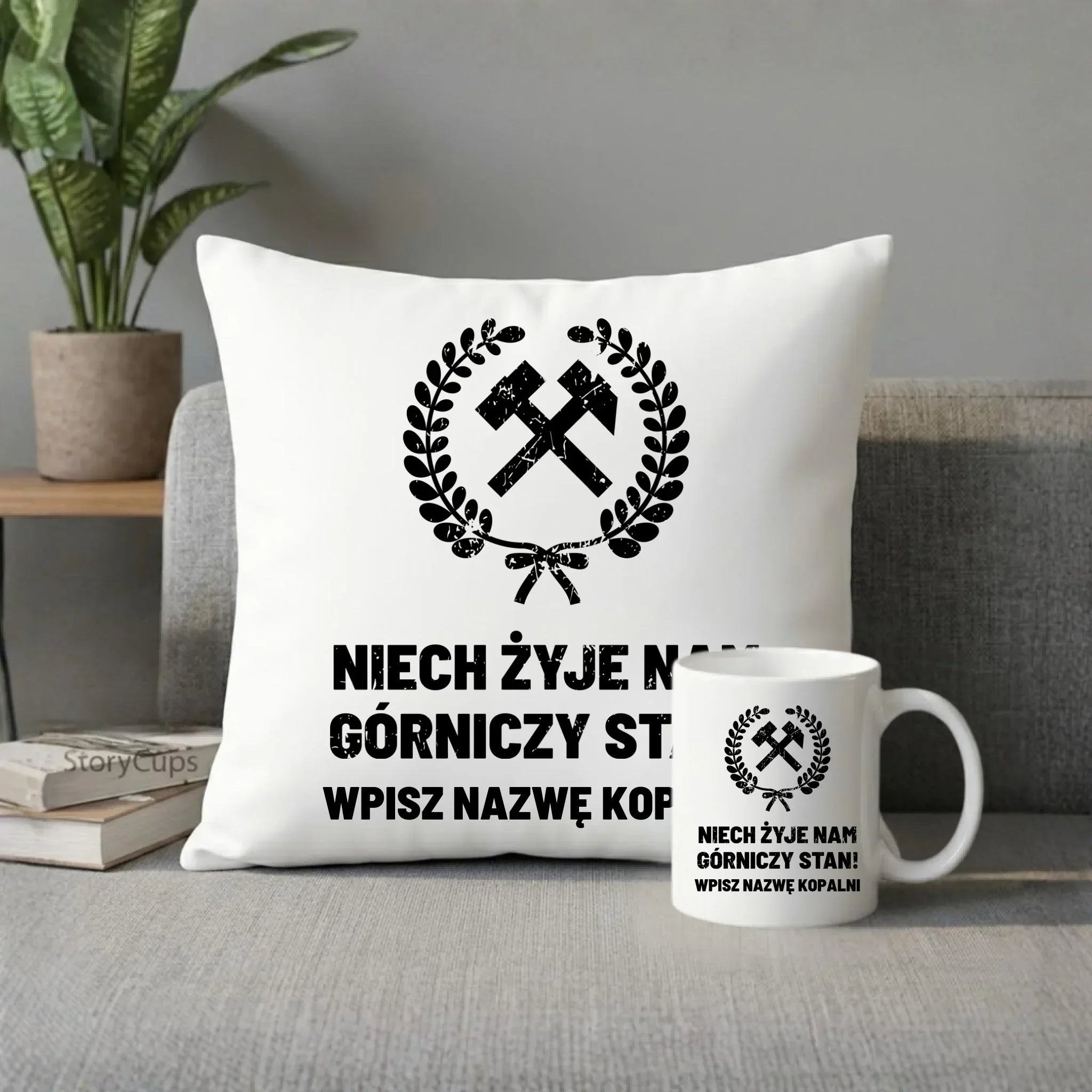 Zestaw poduszka i kubek - prezent dla górnika - Niech żyje nam górniczy stan - personalizowany G24 - StoryCups.pl