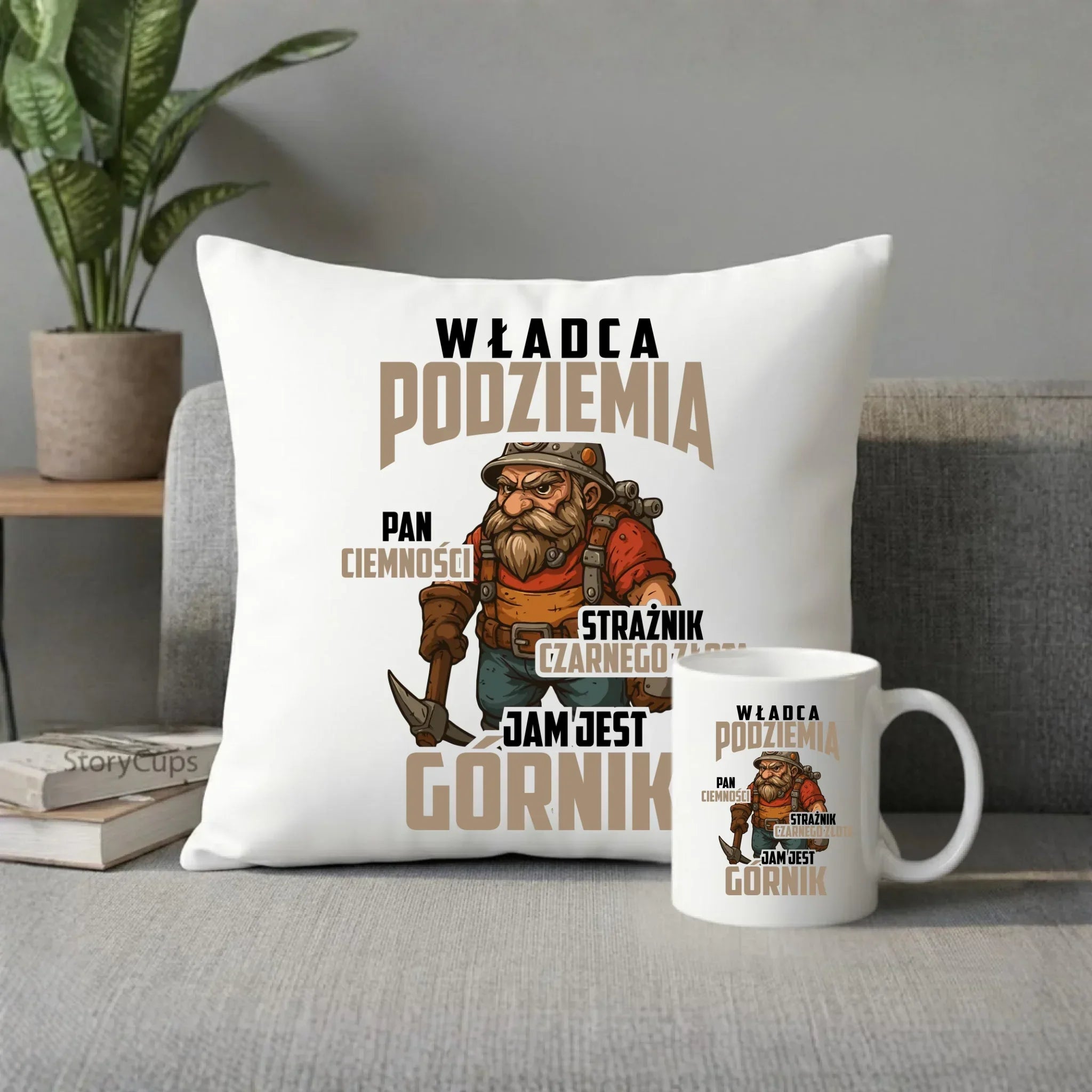 Zestaw poduszka i kubek - prezent dla górnika - Władca podziemia Górnik G20 - StoryCups.pl