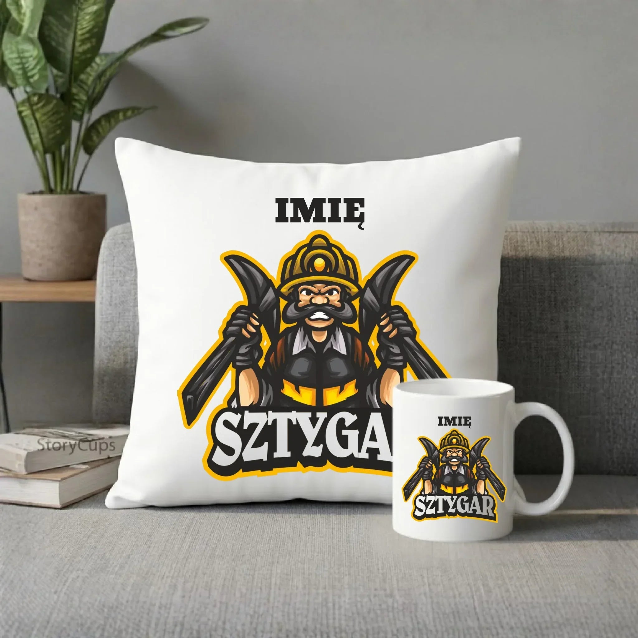 Zestaw poduszka i kubek - prezent dla górnika - Sztygar - personalizowany G15 - StoryCups.pl