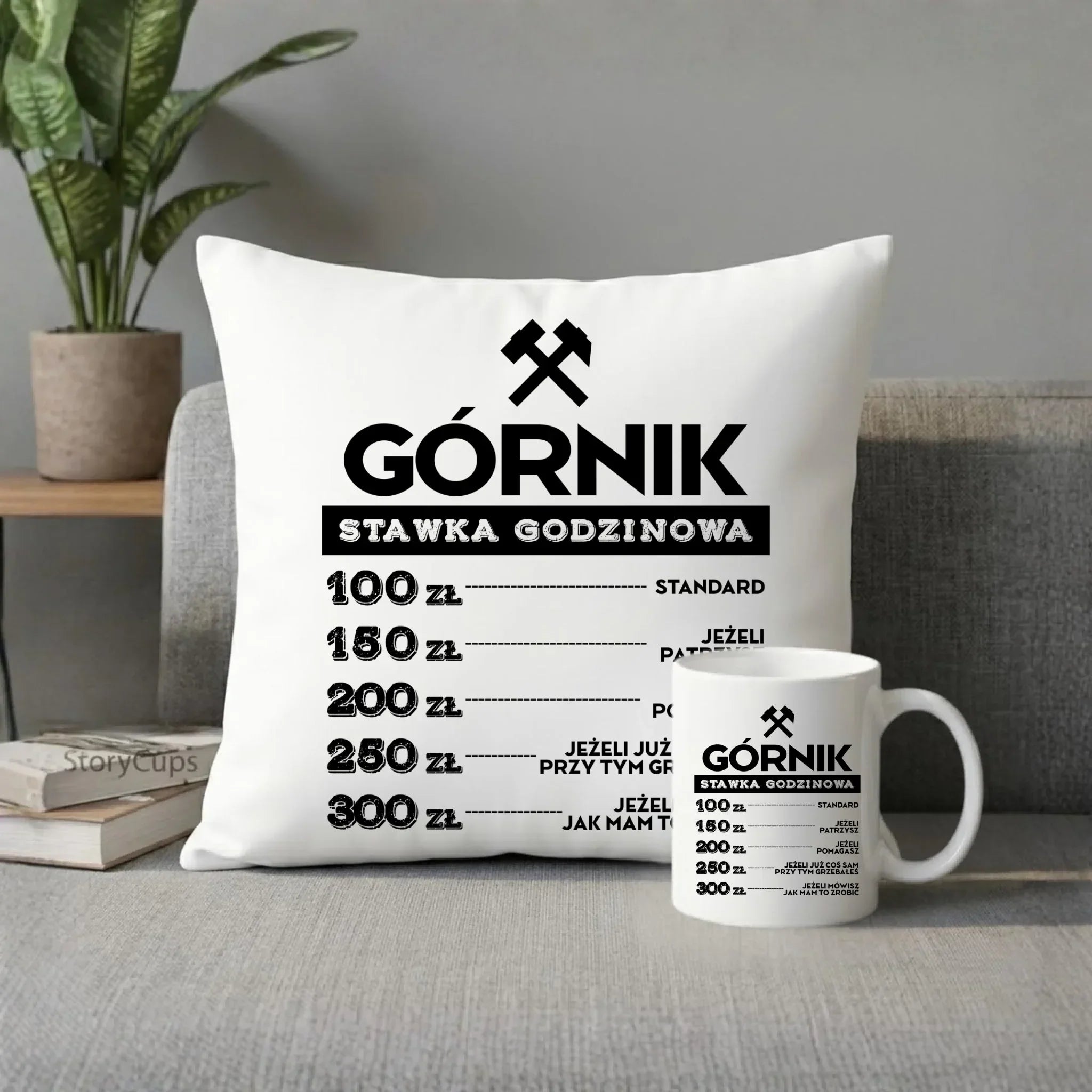 Zestaw poduszka i kubek - prezent dla górnika - Górnik stawka godzinowa G14 - StoryCups.pl