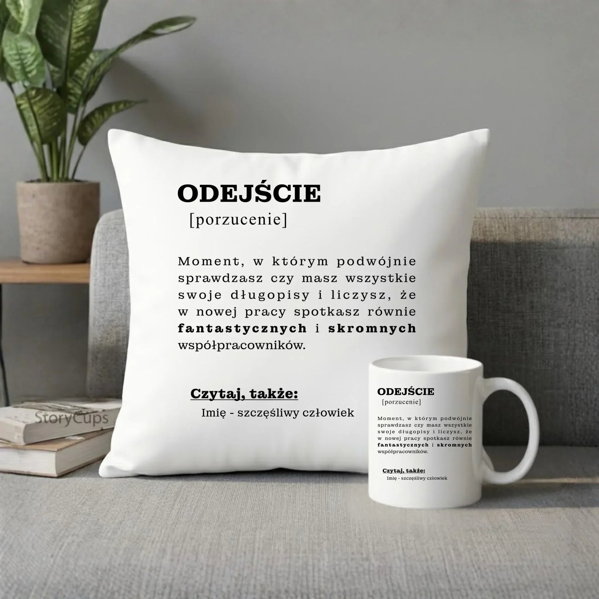 Zestaw poduszka i kubek - Odejście z pracy [porzucenie] - personalizowany OP01 - StoryCups.pl