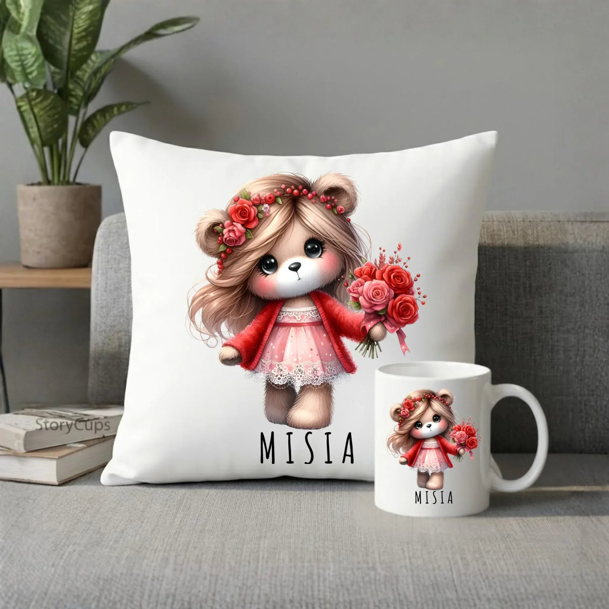 Zestaw poduszka i kubek dla dziewczyny - Misia W35 - StoryCups.pl