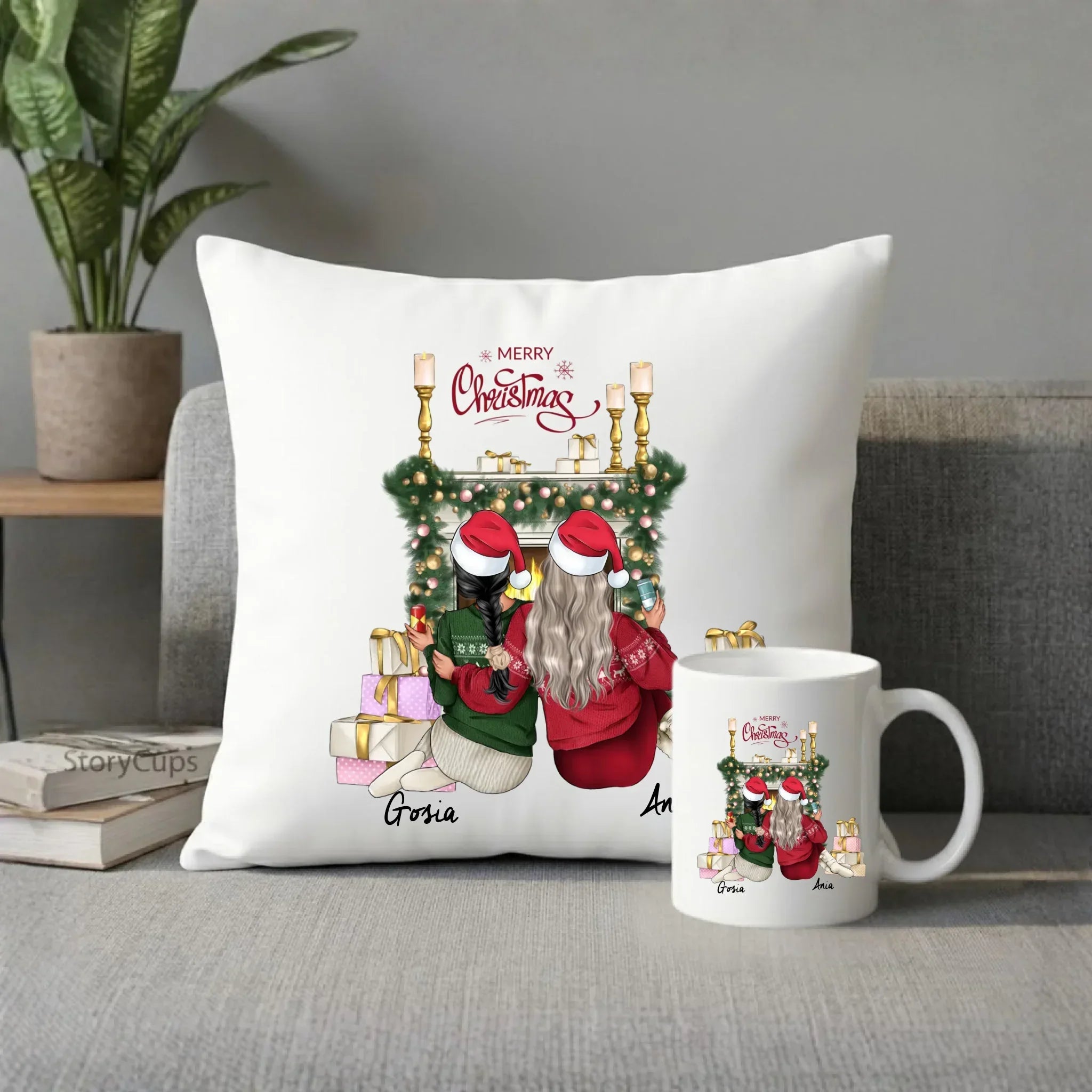 Zestaw poduszka i kubek świąteczny - prezent dla przyjaciółki - personalizowane postacie 2-4 osoby PR04 - StoryCups.pl