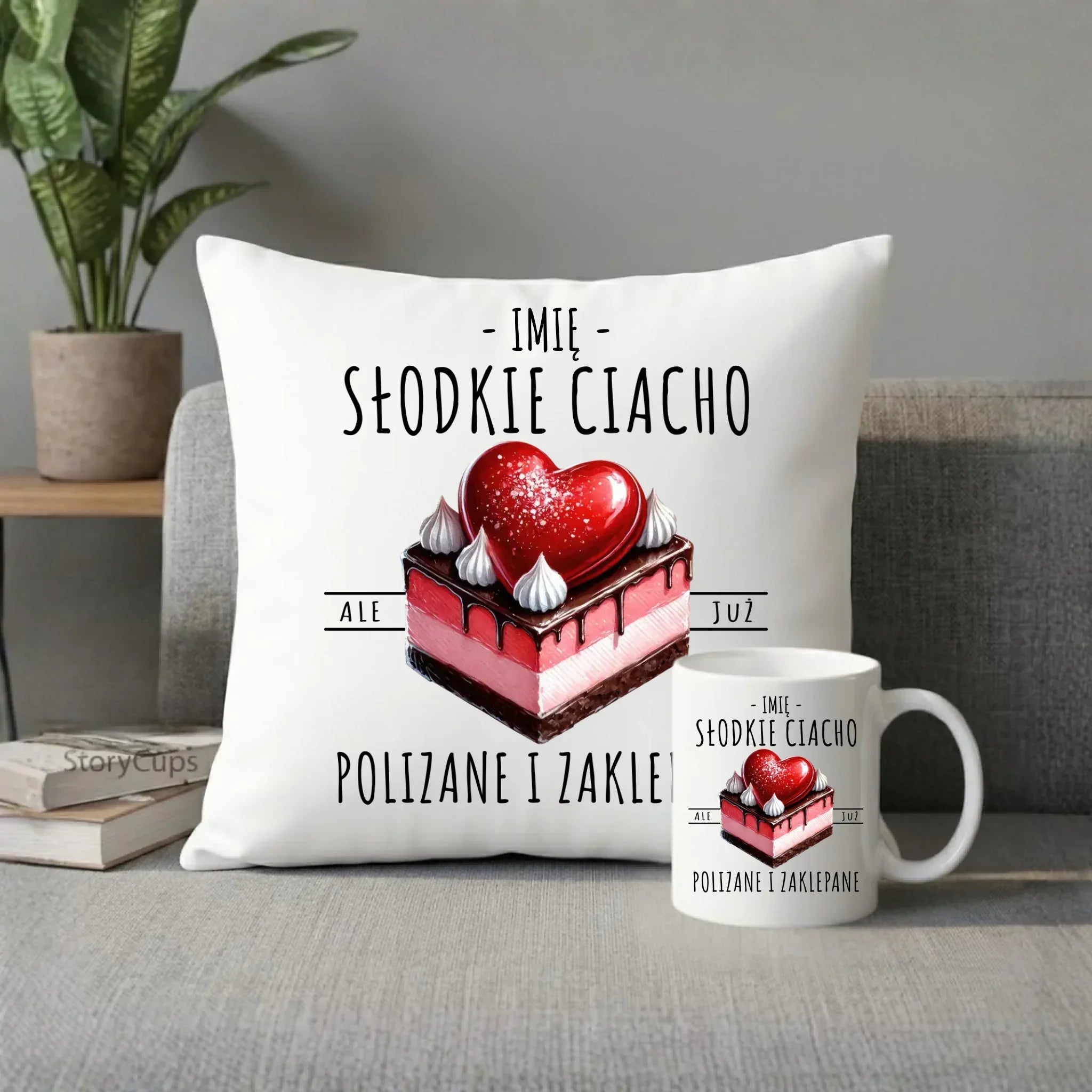 Zestaw poduszka i kubek - Słodkie ciacho polizane i zaklepane - personalizowany W36 - StoryCups.pl