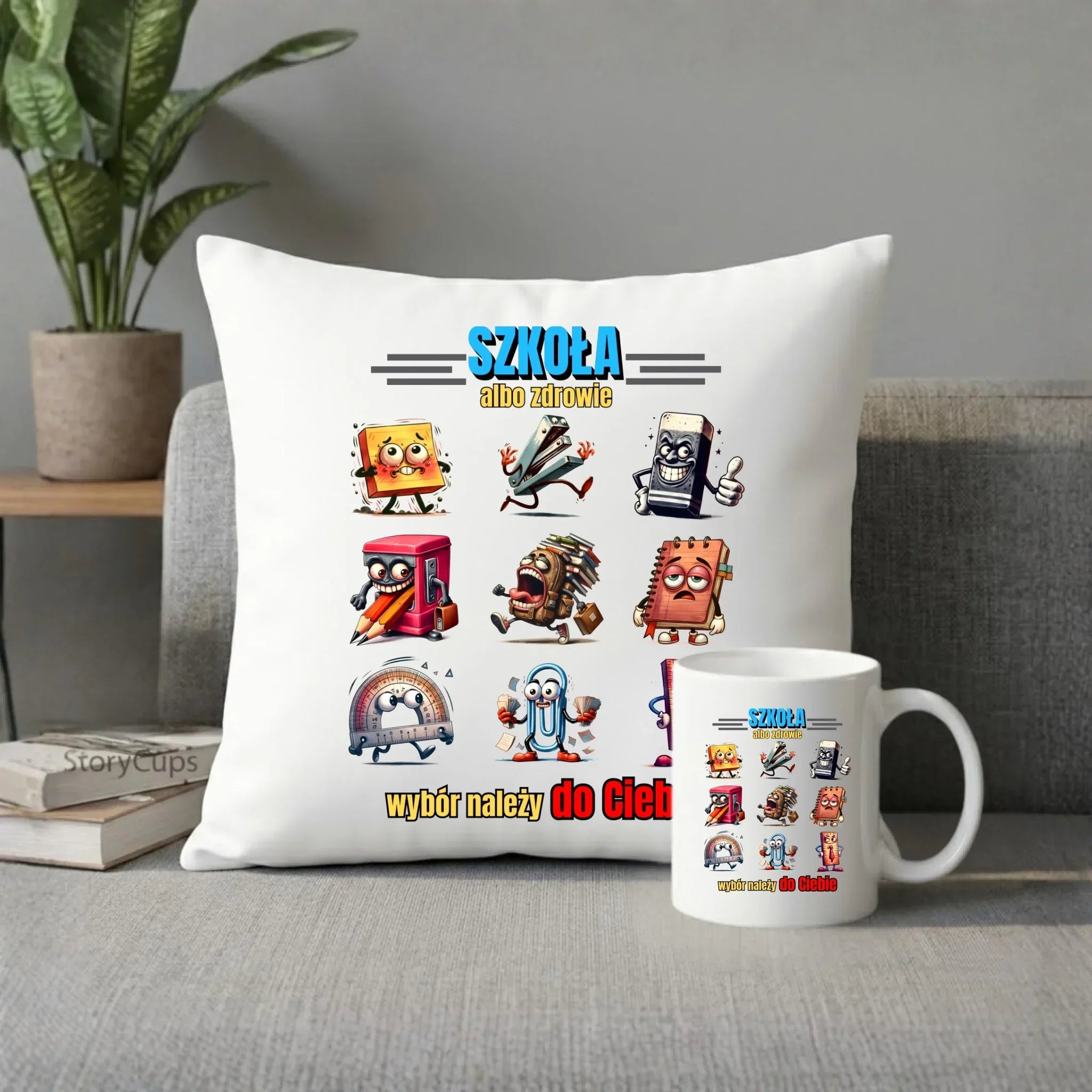 Zestaw poduszka i kubek do szkoły - Szkoła albo zdrowie - śmieszny SZ14 - StoryCups.pl