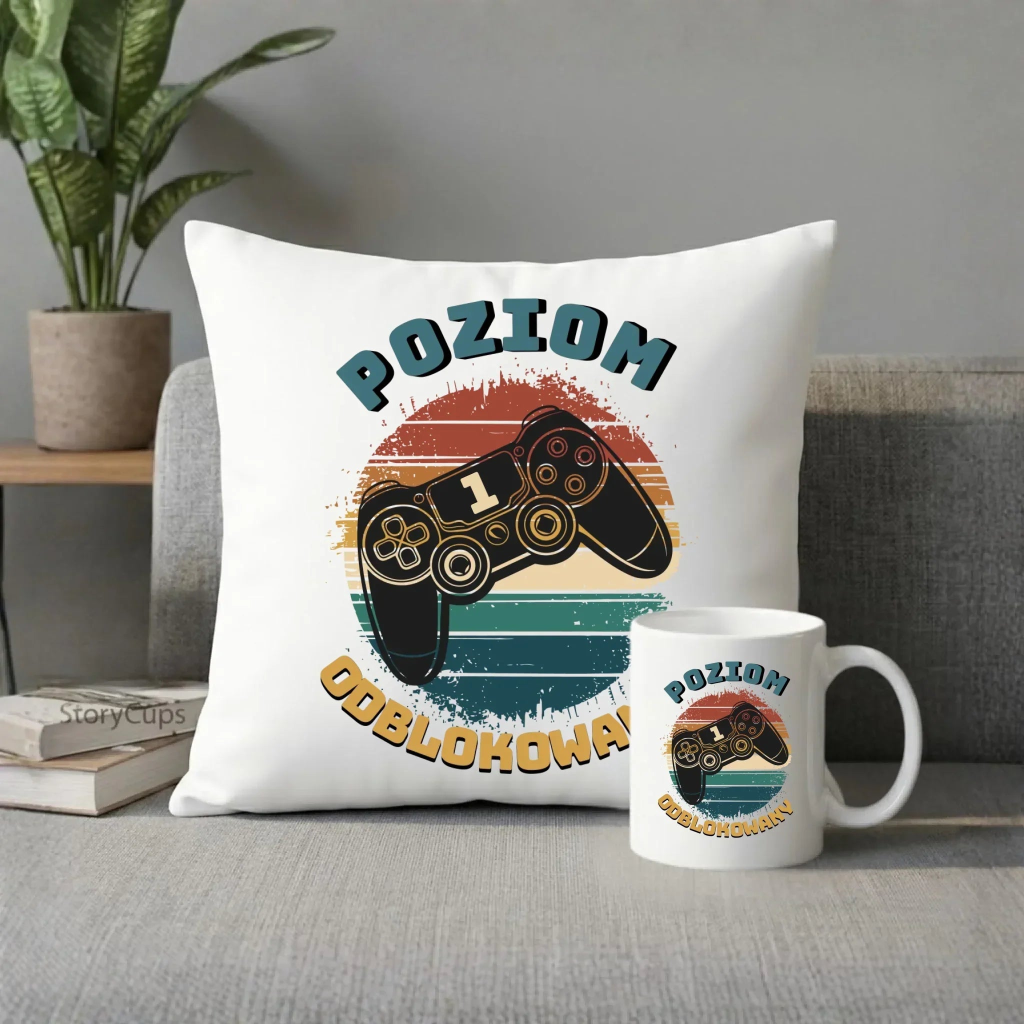 Zestaw poduszka i kubek - Poziom odblokowany - gamer do szkoły - personalizowany SZ01 - StoryCups.pl