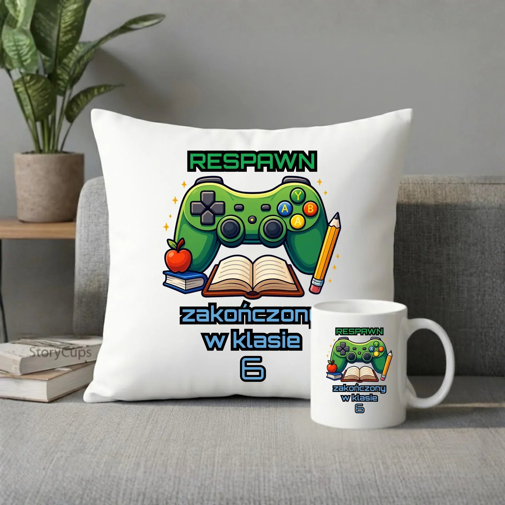 Zestaw poduszka i kubek szkolny - Respawn - gamer do szkoły - personalizowany SZ18 - StoryCups.pl