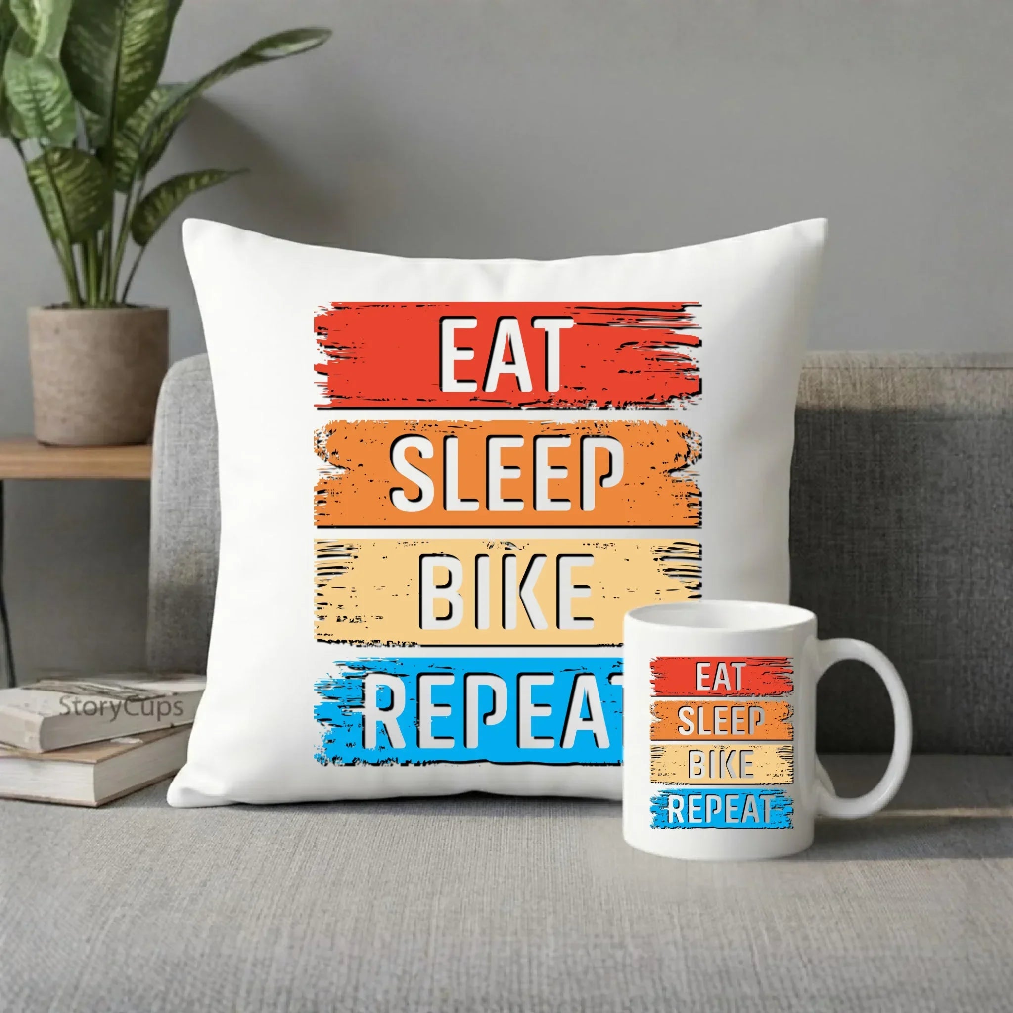 Eat Sleep Bike Repeat | Zestaw poduszka i kubek dla rowerzysty HR03 - StoryCups.pl