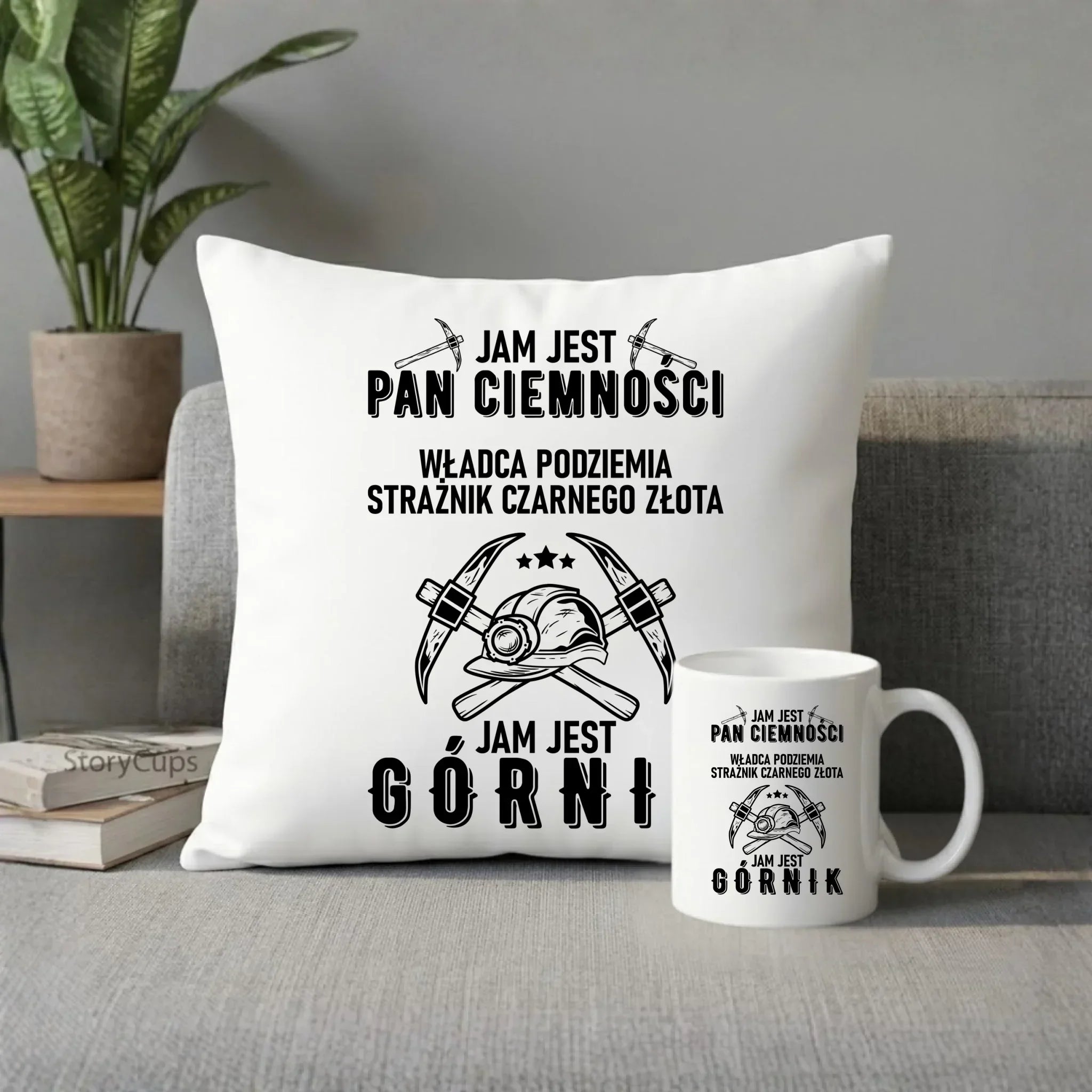 Zestaw poduszka i kubek - prezent dla górnika - Pan ciemności jam jest górnik G04 - StoryCups.pl