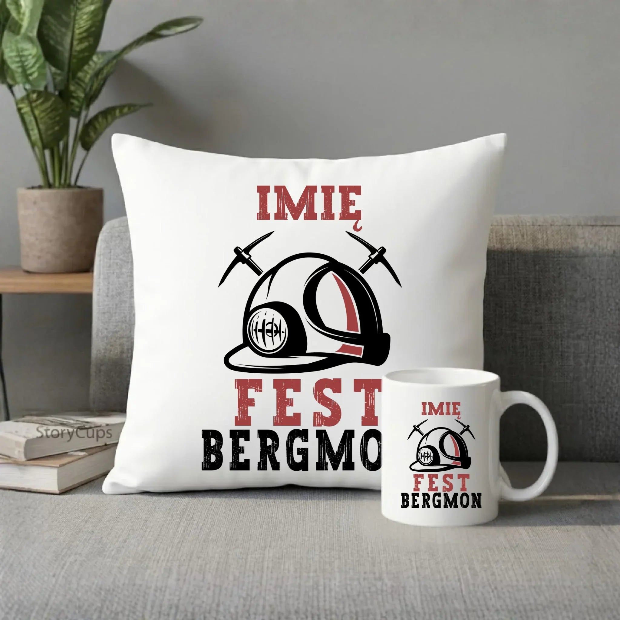 Zestaw poduszka i kubek - prezent dla górnika - Fest bergmon - personalizowany G07 - StoryCups.pl
