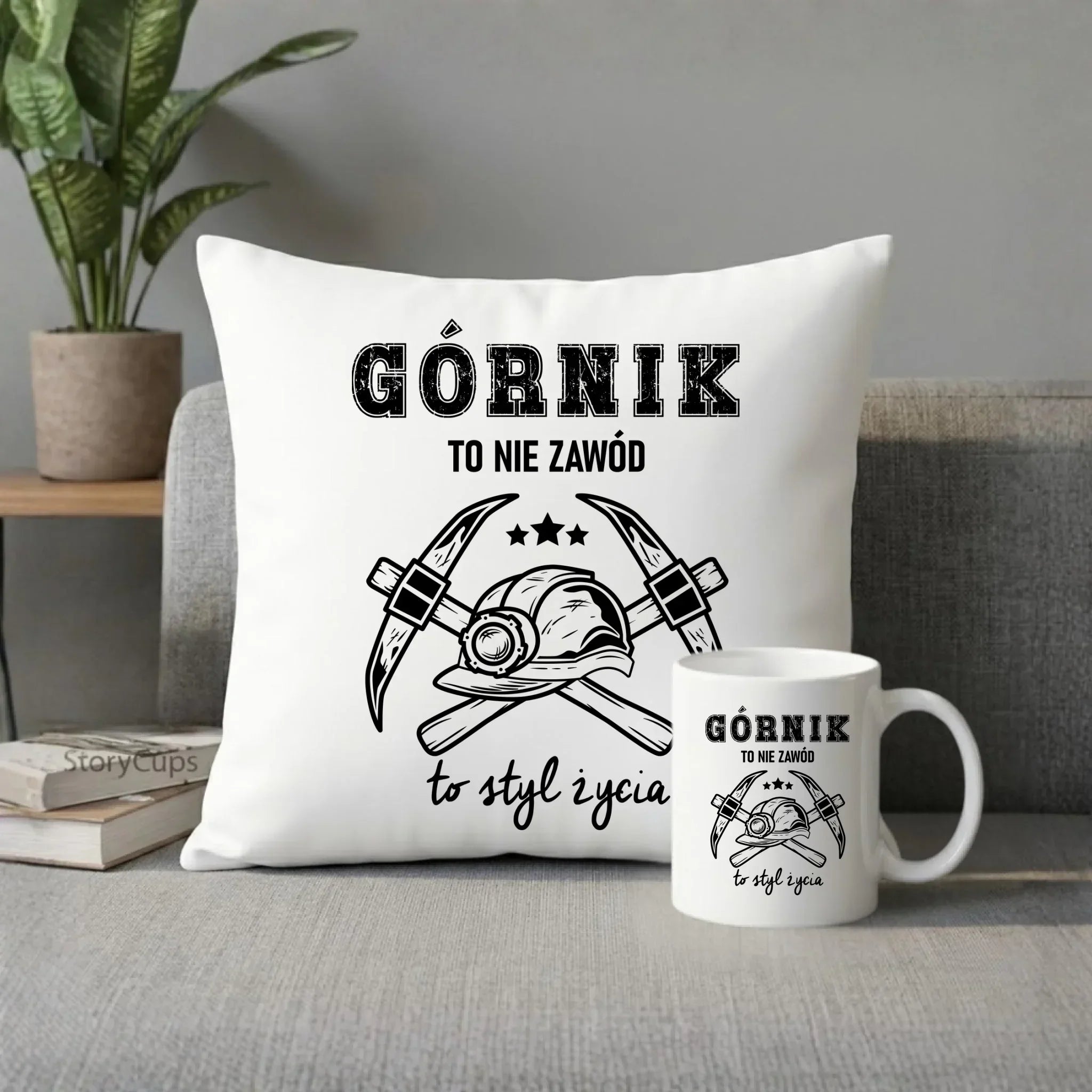 Zestaw poduszka i kubek - prezent dla górnika - Górnik to nie zawód to styl życia G05 - StoryCups.pl