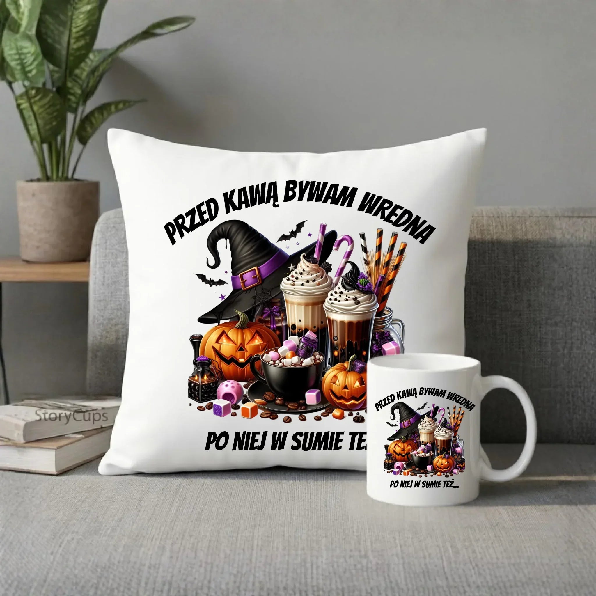 Zestaw poduszka i kubek Halloween – Przed kawą bywam wredna, po niej w sumie też HL30 - StoryCups.pl