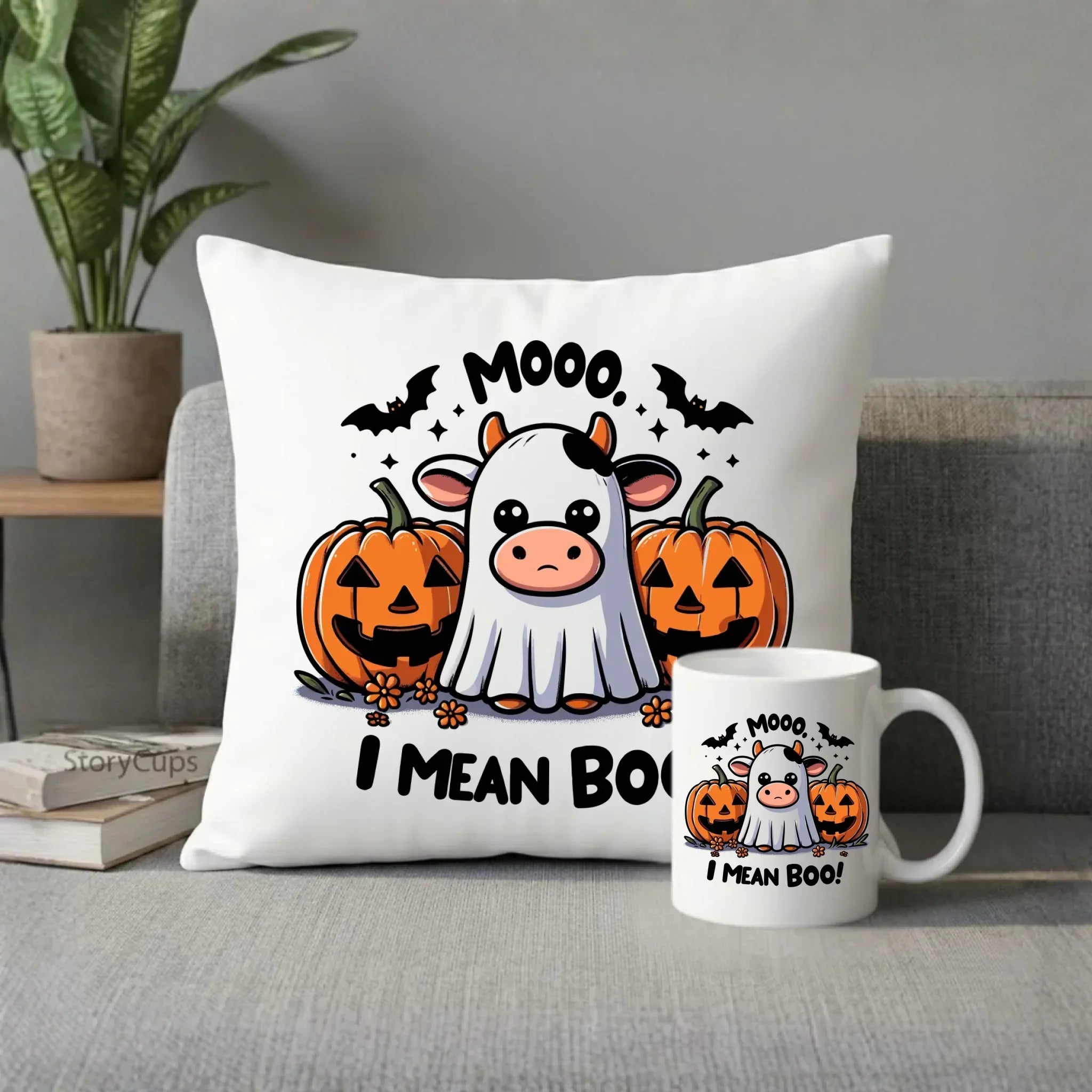 Zestaw poduszka i kubek na Halloween na Halloween - Mooo I mean Boo! - z dynią i duchem HL14 - StoryCups.pl