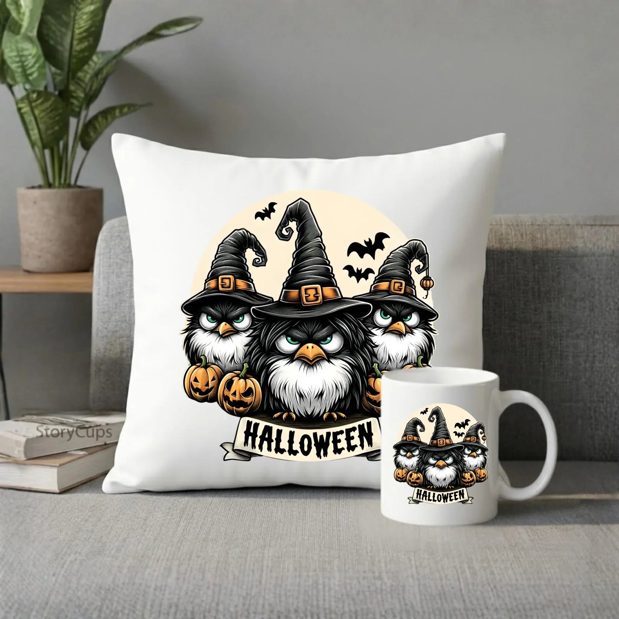 Zestaw poduszka i kubek na Halloween - Upiorne sowy wiedźmy HL15 - StoryCups.pl