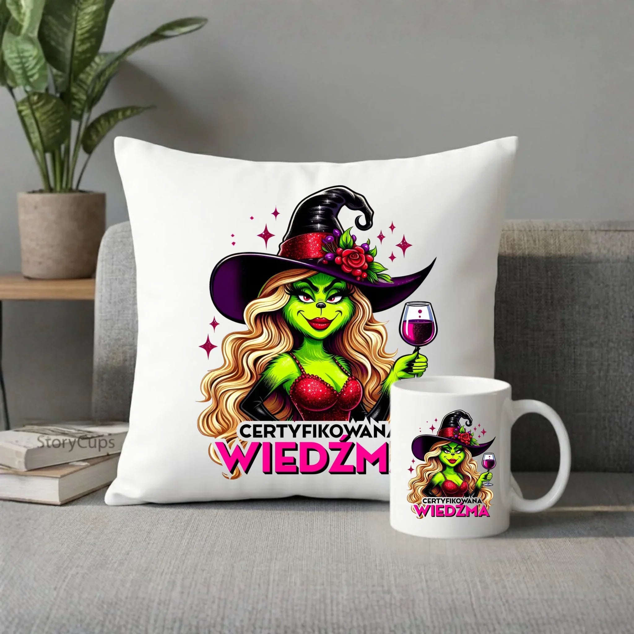 Zestaw poduszka i kubek - Certyfikowana wiedźma - śmieszny HL13 - StoryCups.pl
