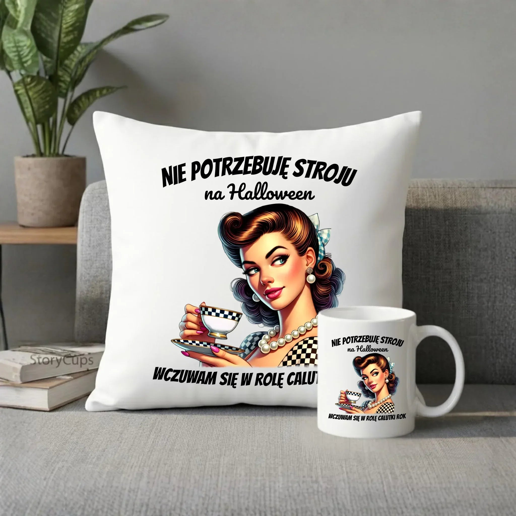 Zestaw poduszka i kubek retro pin-up girl – Nie potrzebuję stroju na Halloween HL29 - StoryCups.pl