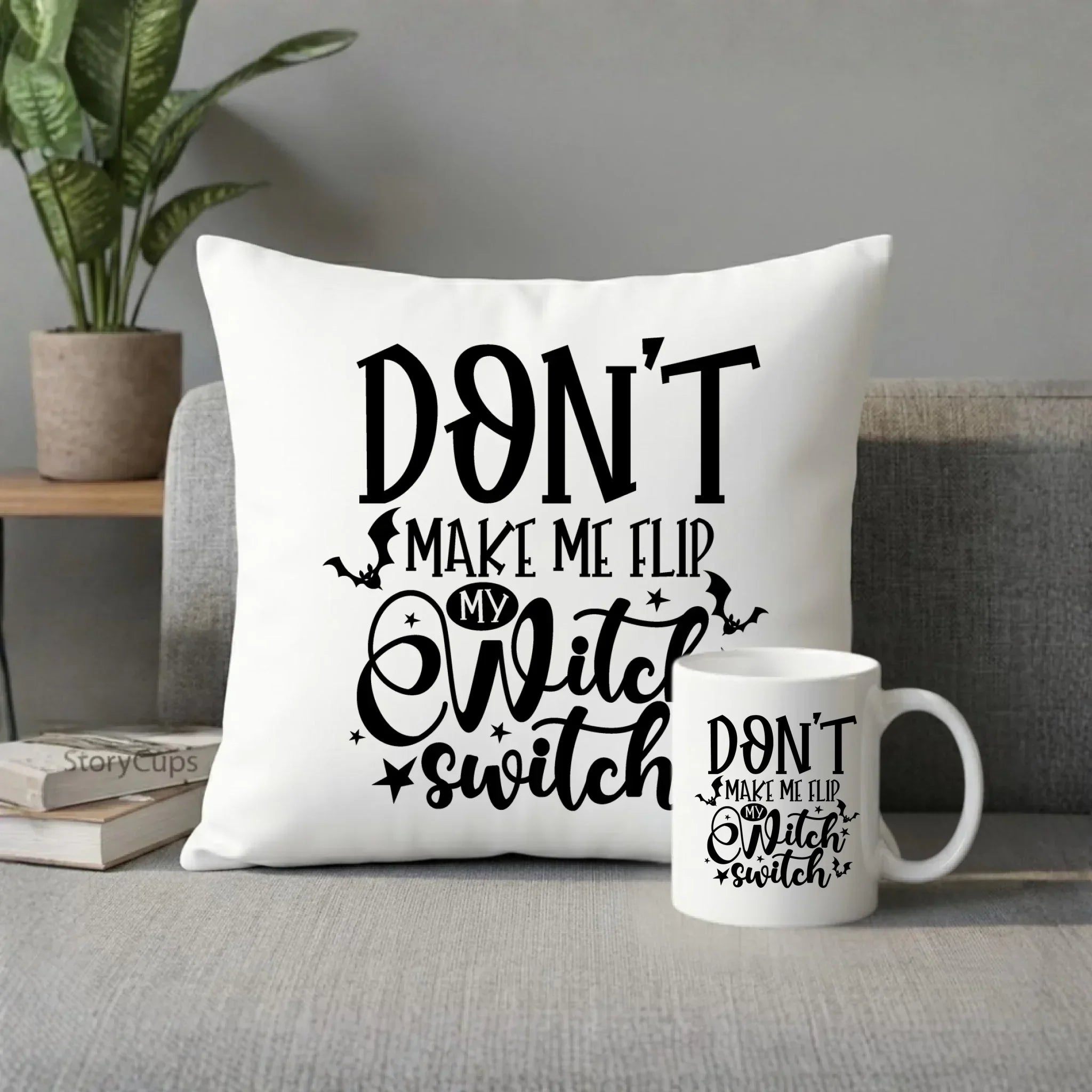 Zestaw poduszka i kubek na Halloween - Don't make me flip my witch switch - śmieszny HL11 - StoryCups.pl