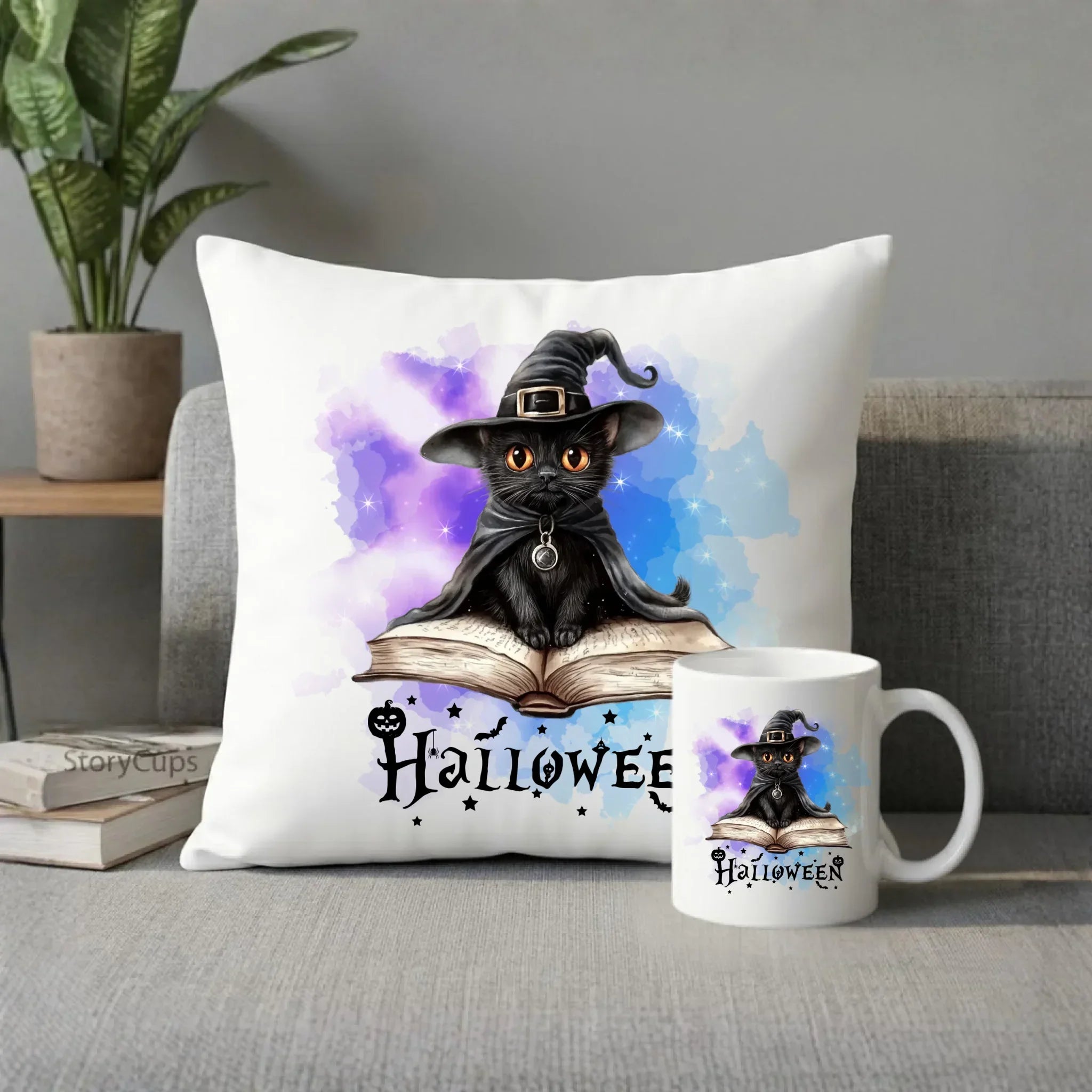 Zestaw poduszka i kubek na Halloween - Kot Czarodziej HL06 - StoryCups.pl
