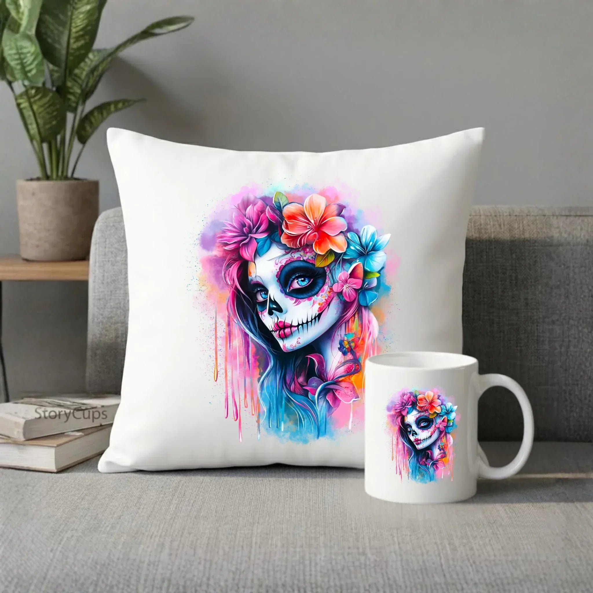 Zestaw poduszka i kubek Halloween - kolorowa czaszka z kwiatami La Muerte HL05 - StoryCups.pl