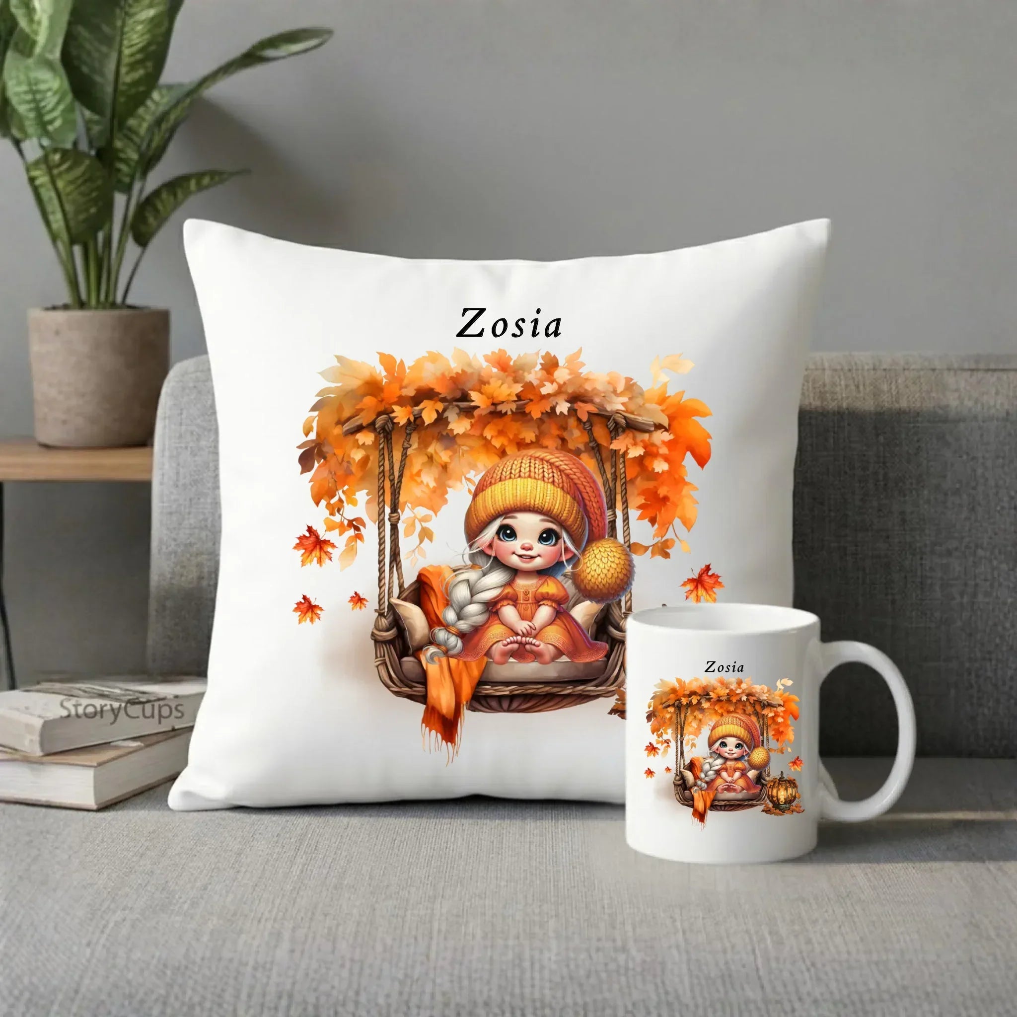 Zestaw poduszka i kubek jesieniara - Dziewczynka z liśćmi - personalizowany JS17 - StoryCups.pl