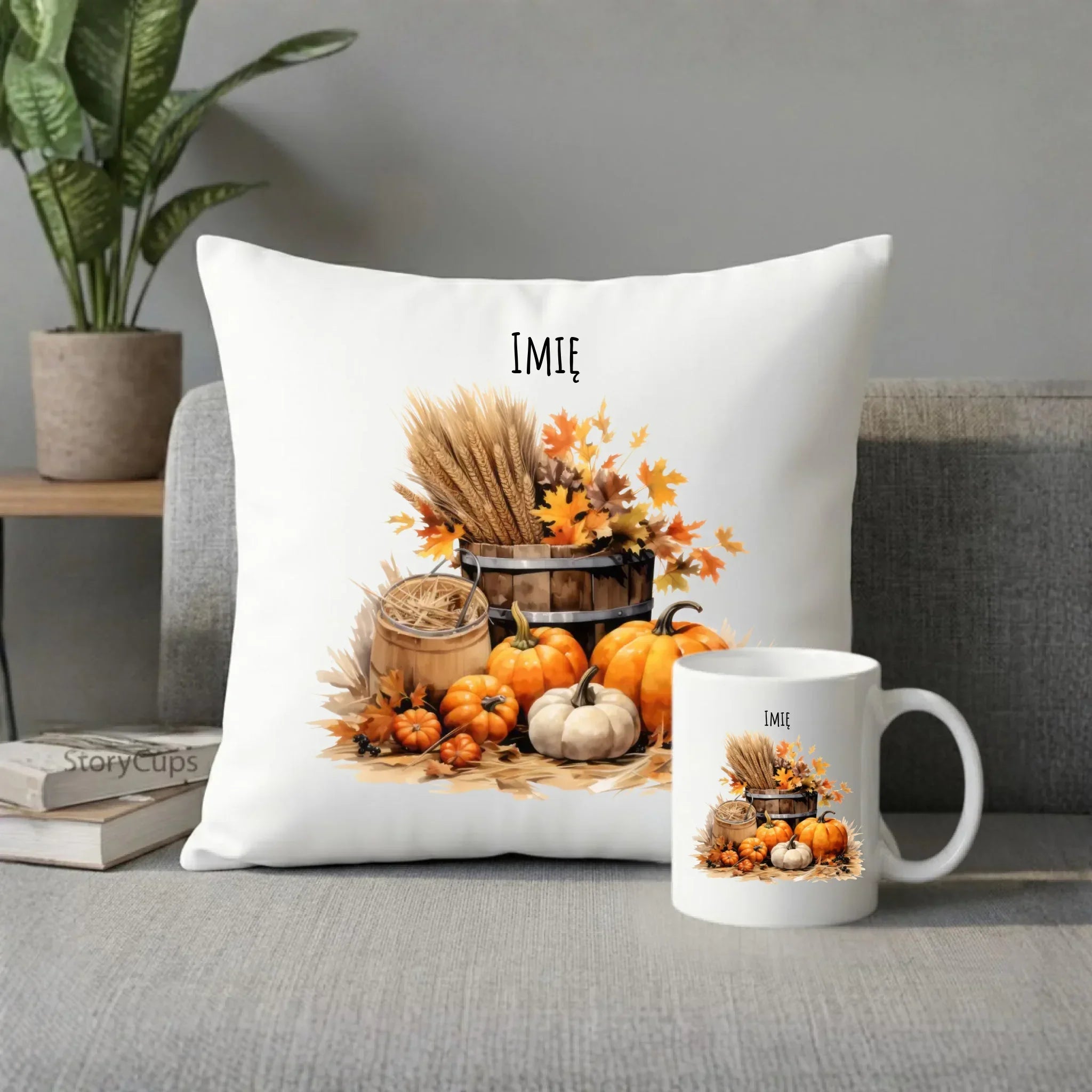 Zestaw poduszka i kubek na jesień - Harvest vibes - personalizowany JS09 - StoryCups.pl
