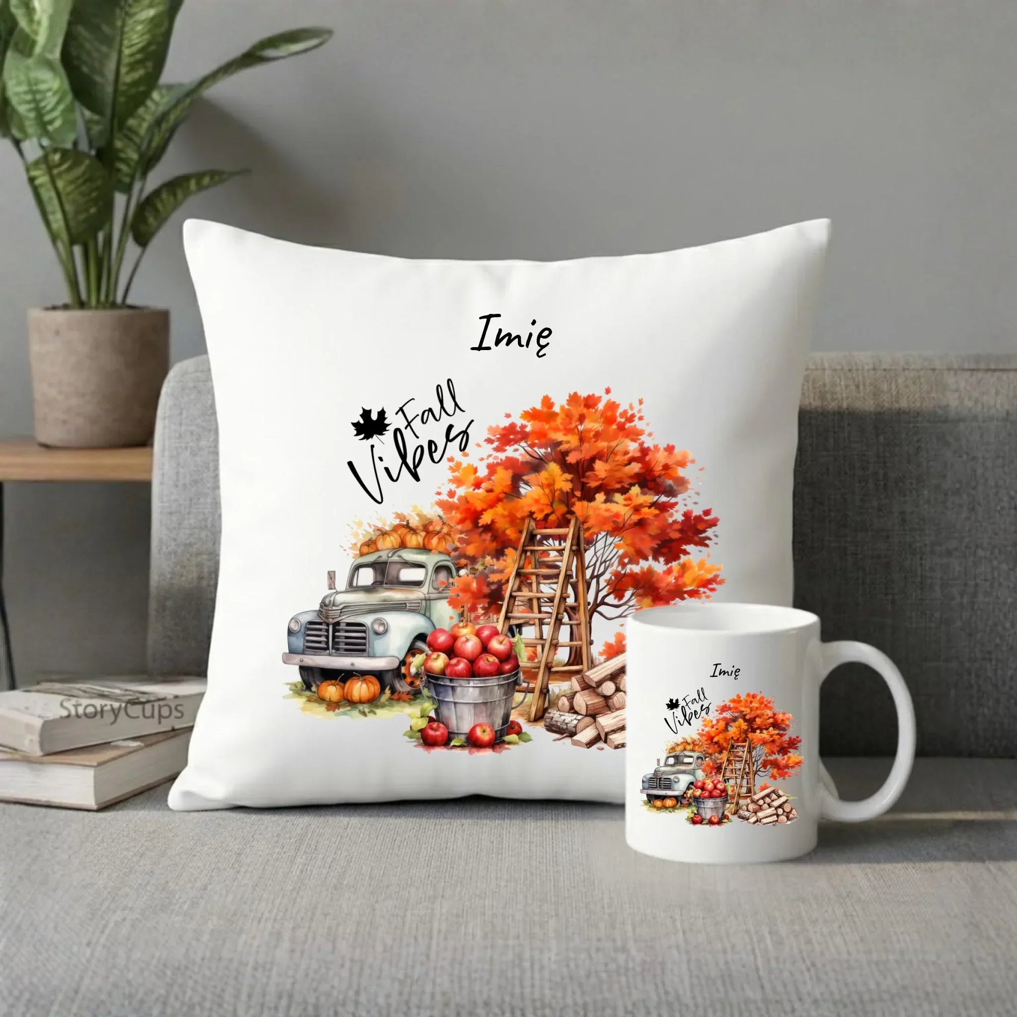 Zestaw poduszka i kubek jesienny – Vintage auto dynie i jabłka – personalizowany JS07 - StoryCups.pl