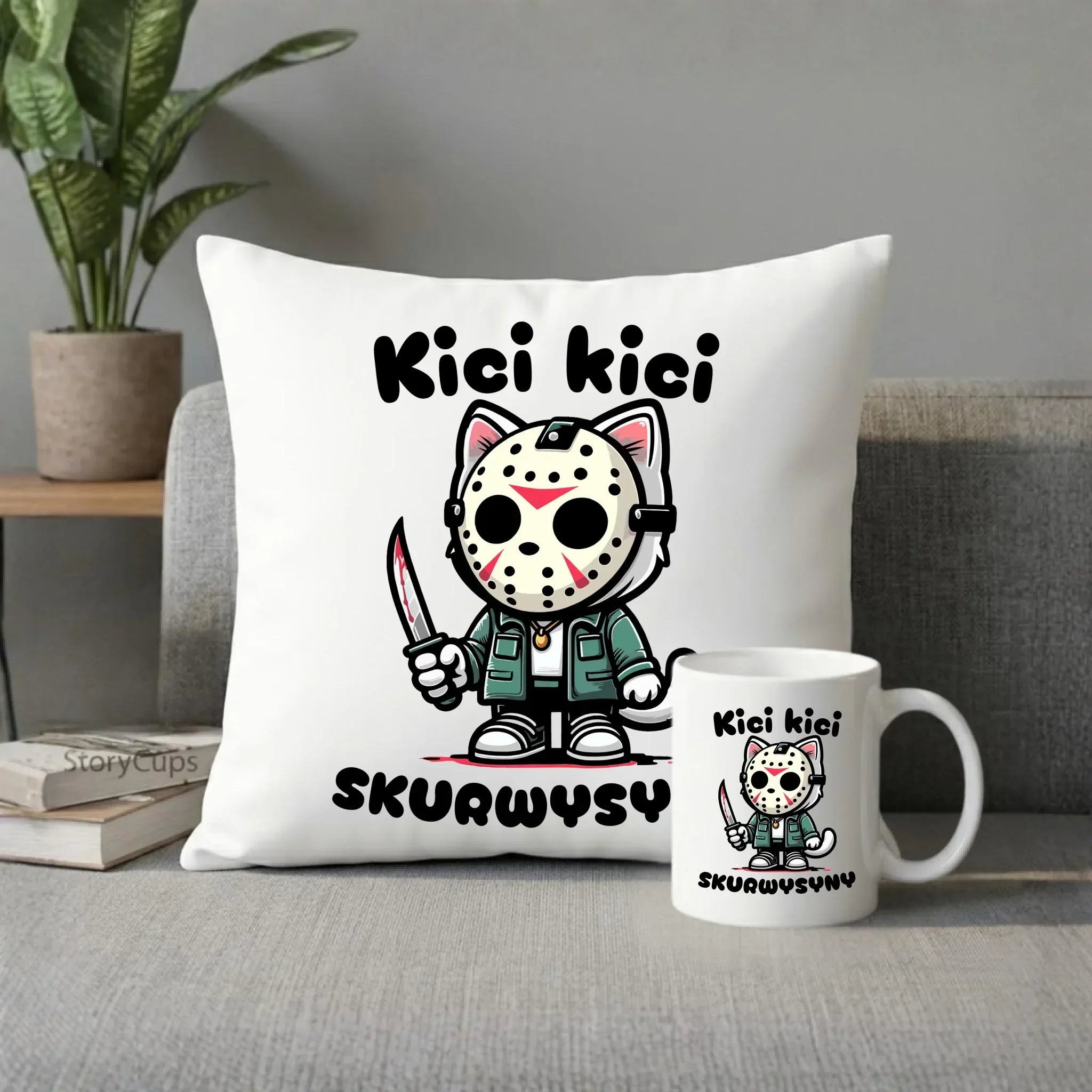 Zestaw poduszka i kubek na Halloween - Kici kici sk*rwysyny - bez cenzury HL28 - StoryCups.pl