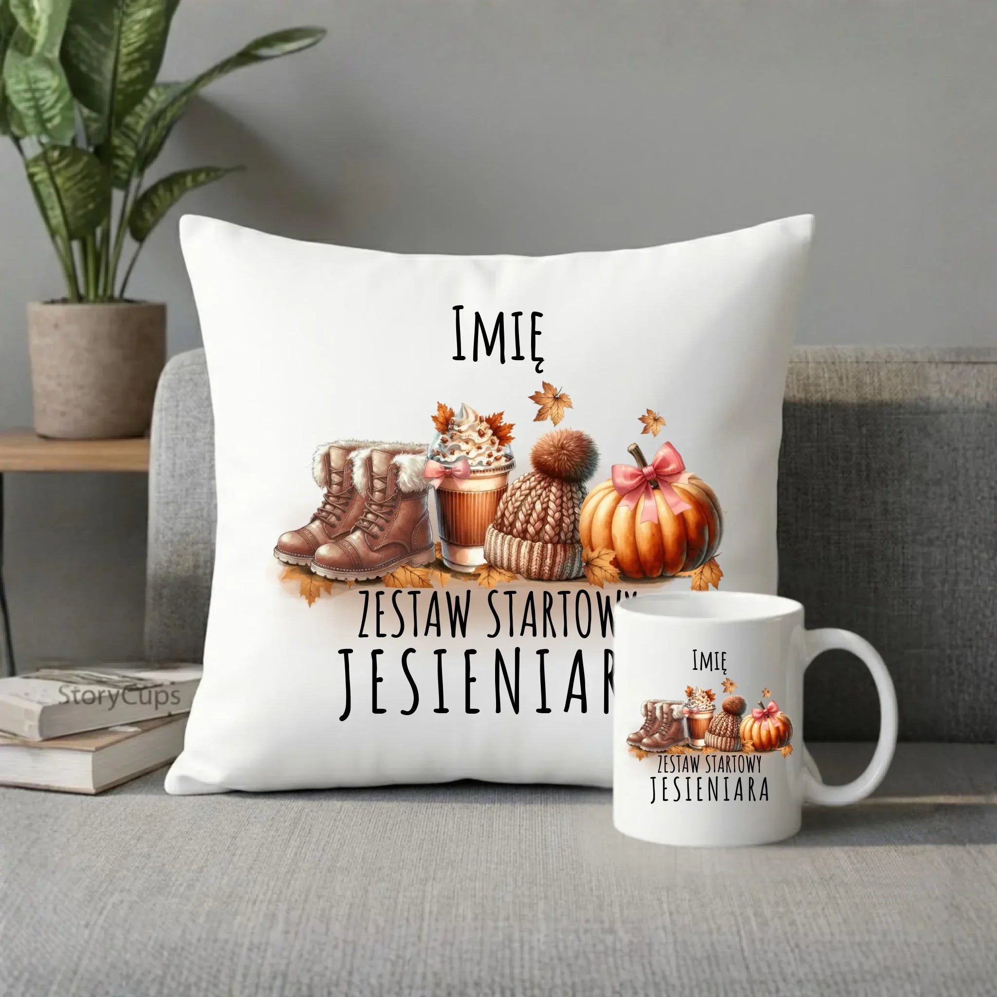 Zestaw poduszka i kubek jesieniara – Zestaw startowy - personalizowana JS05 - StoryCups.pl