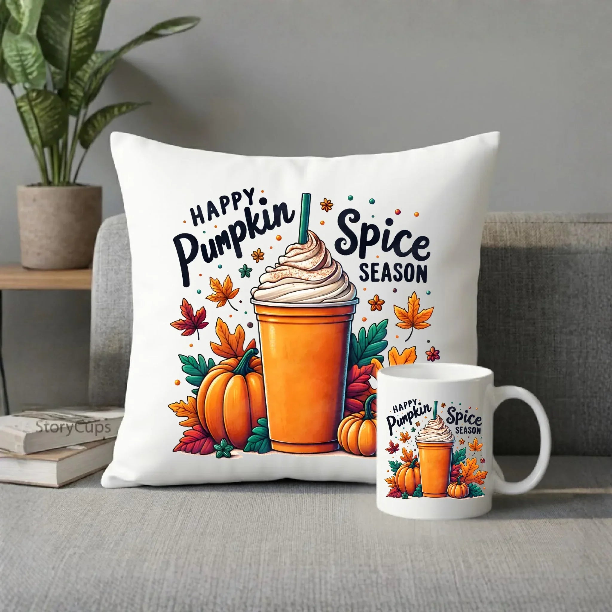 Zestaw poduszka i kubek jesienny - Pumpkin Spice - kawa dyniowa JS02 - StoryCups.pl