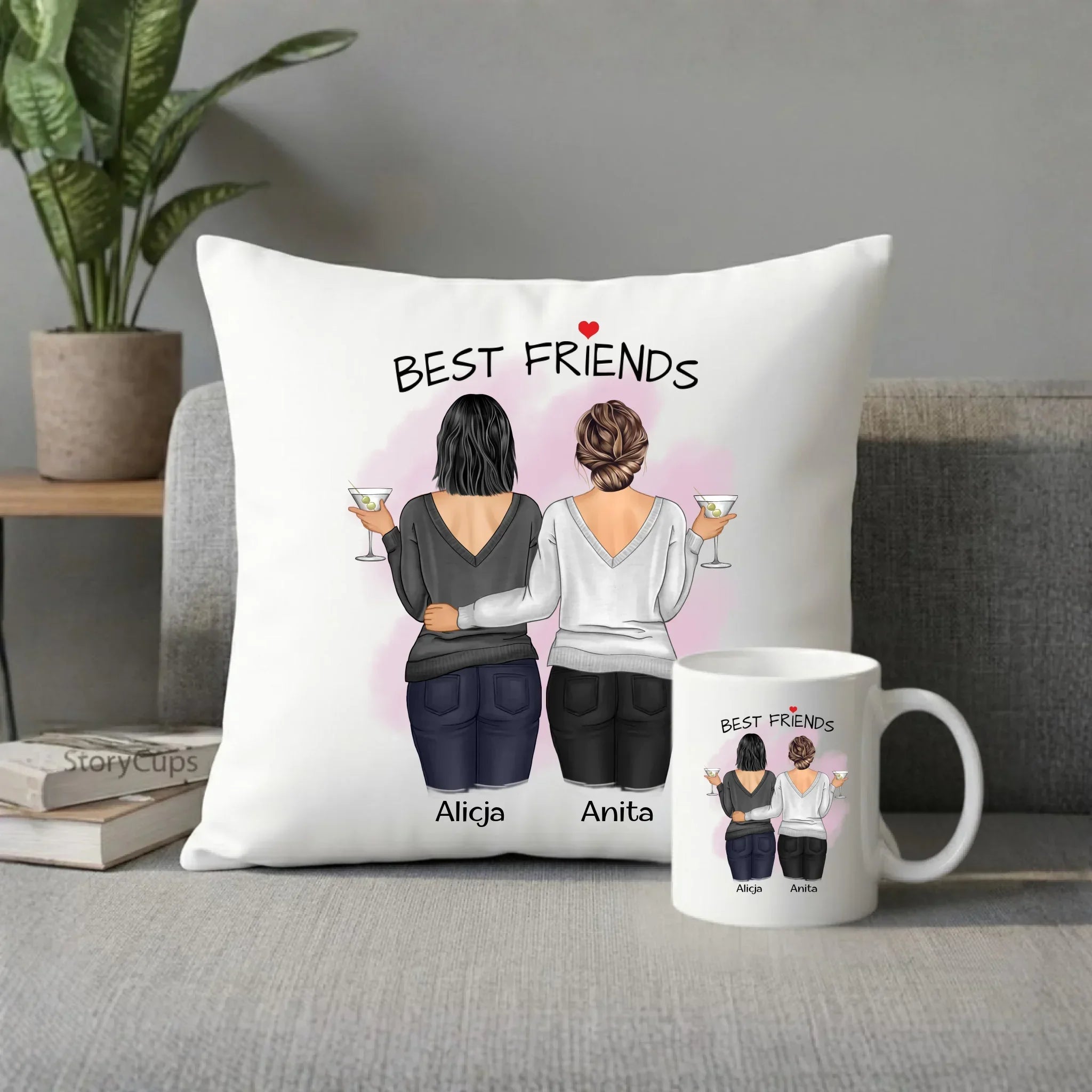 Zestaw poduszka i kubek - prezent dla przyjaciółki - Best Friends - personalizowane postacie 2-4 osoby PR03 - StoryCups.pl
