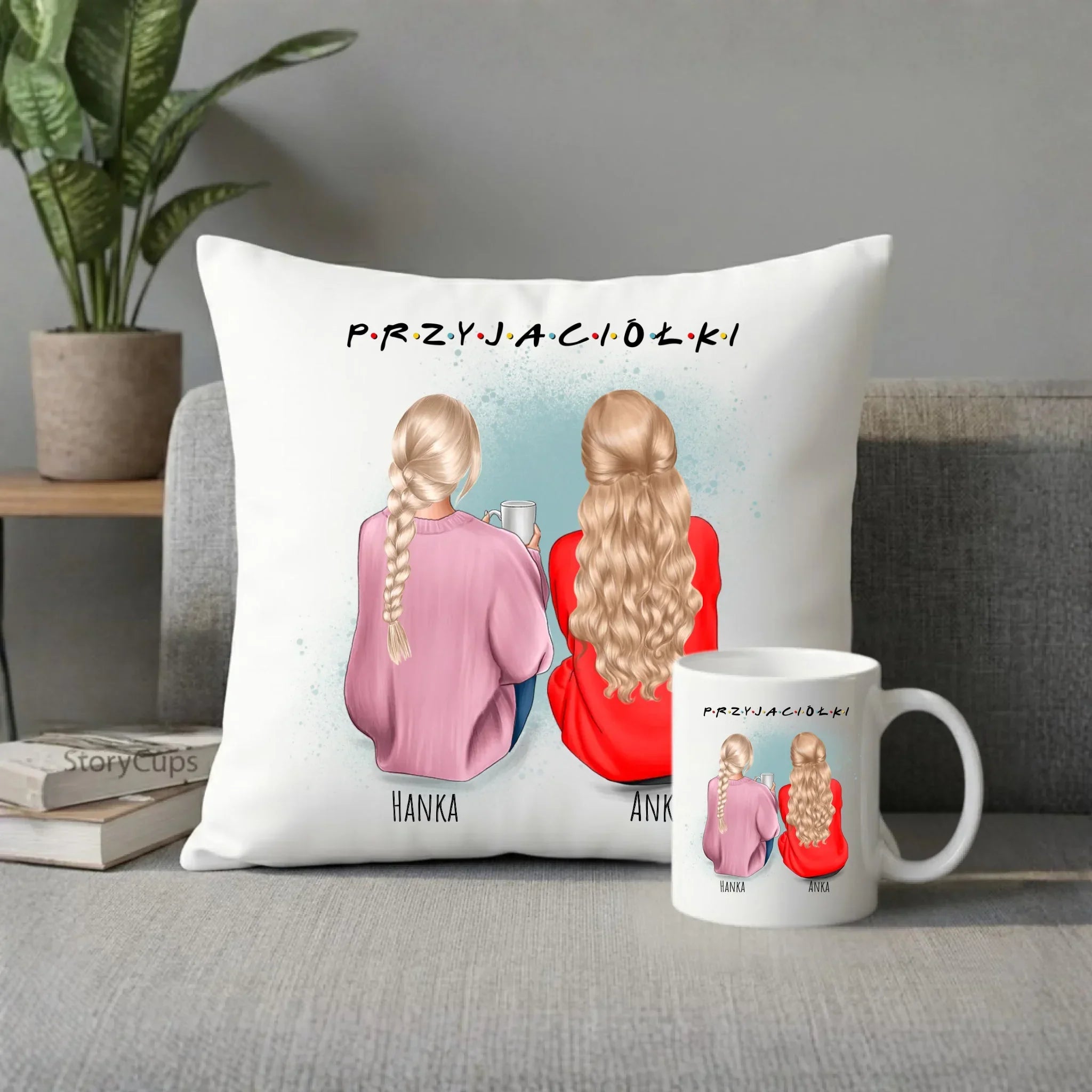 Zestaw poduszka i kubek - prezent dla przyjaciółki - personalizowane postacie 2-4 osoby PR02 - StoryCups.pl