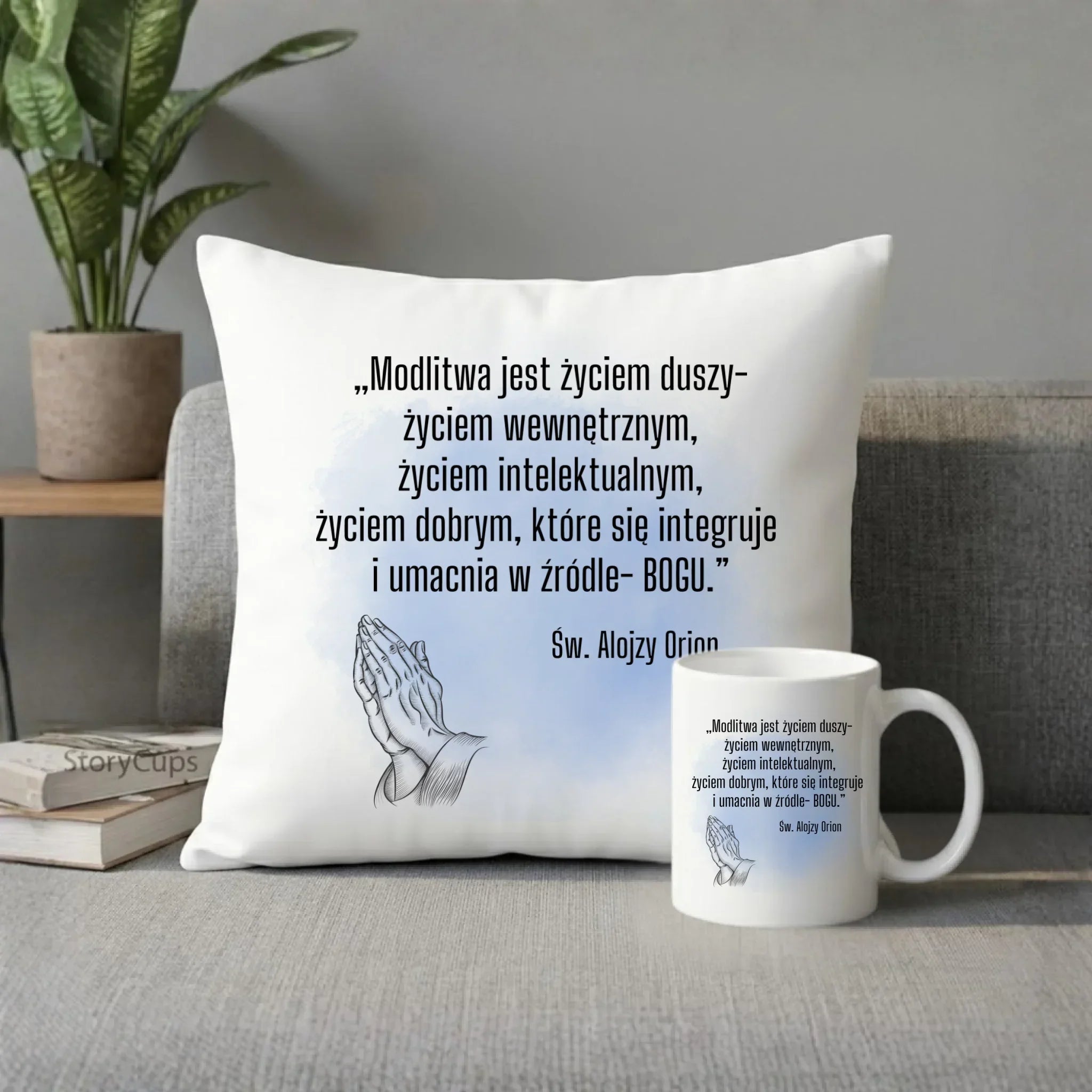 Zestaw poduszka i kubek MODLITWA JEST ŻYCIEM DUSZY św. Alojzy Orion DU02 - StoryCups.pl