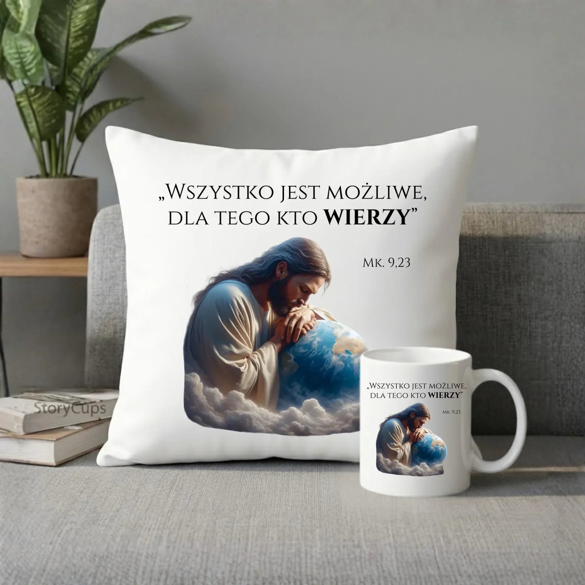 Zestaw poduszka i kubek chrześcijański WSZYSTKO JEST MOŻLIWE DU05 - StoryCups.pl