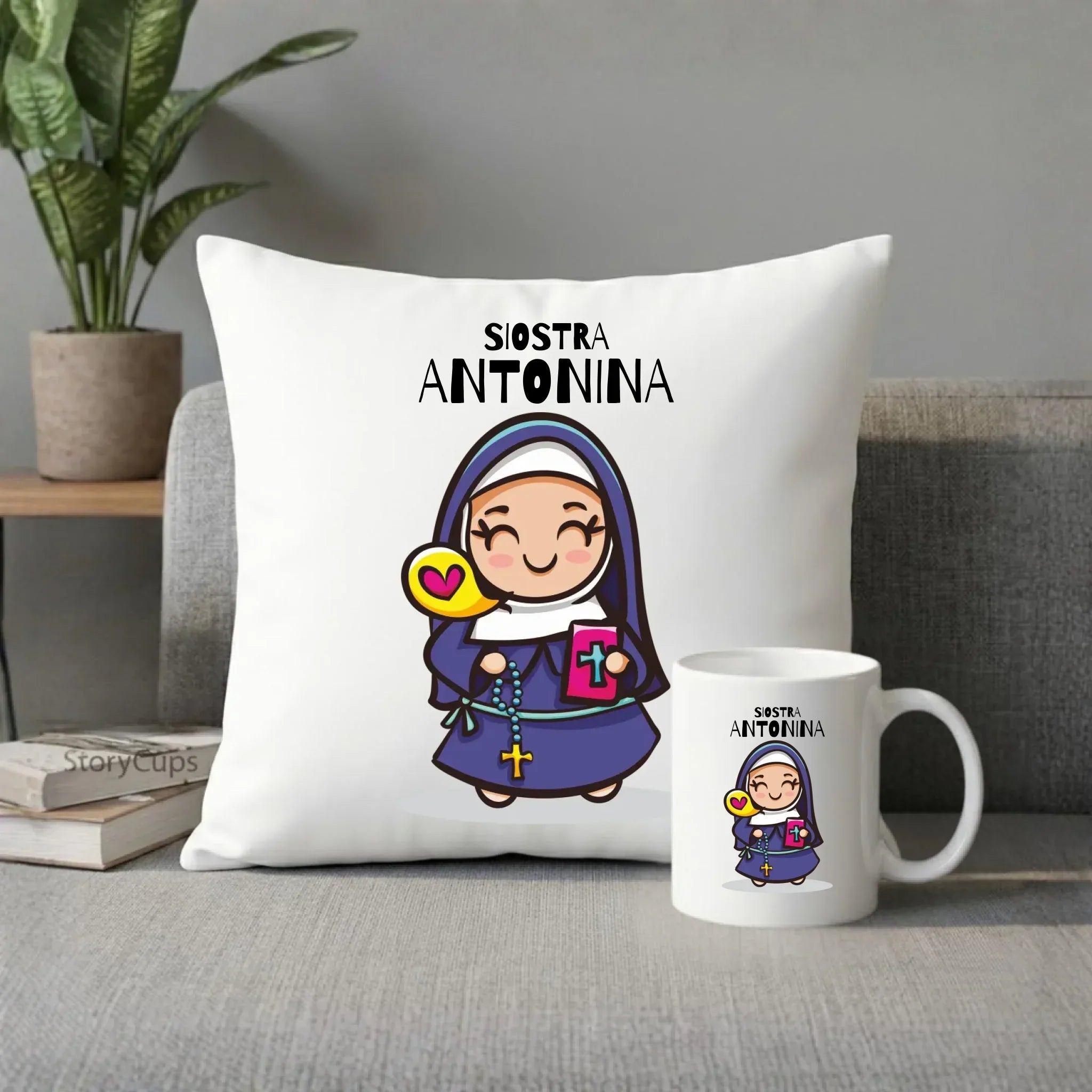 Siostra zakonna | Zestaw poduszka i kubek z imieniem na prezent N30 - StoryCups.pl