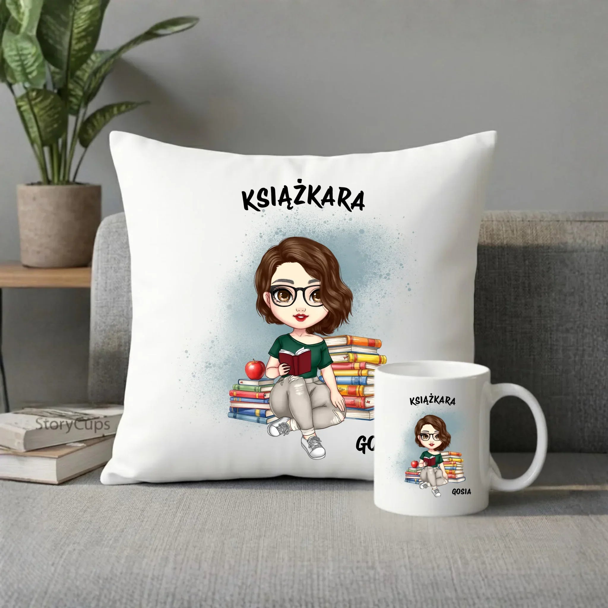 Zestaw poduszka i kubek - Książkara - Prezent dla miłośniczki czytania książek - personalizowany DZ03 - StoryCups.pl